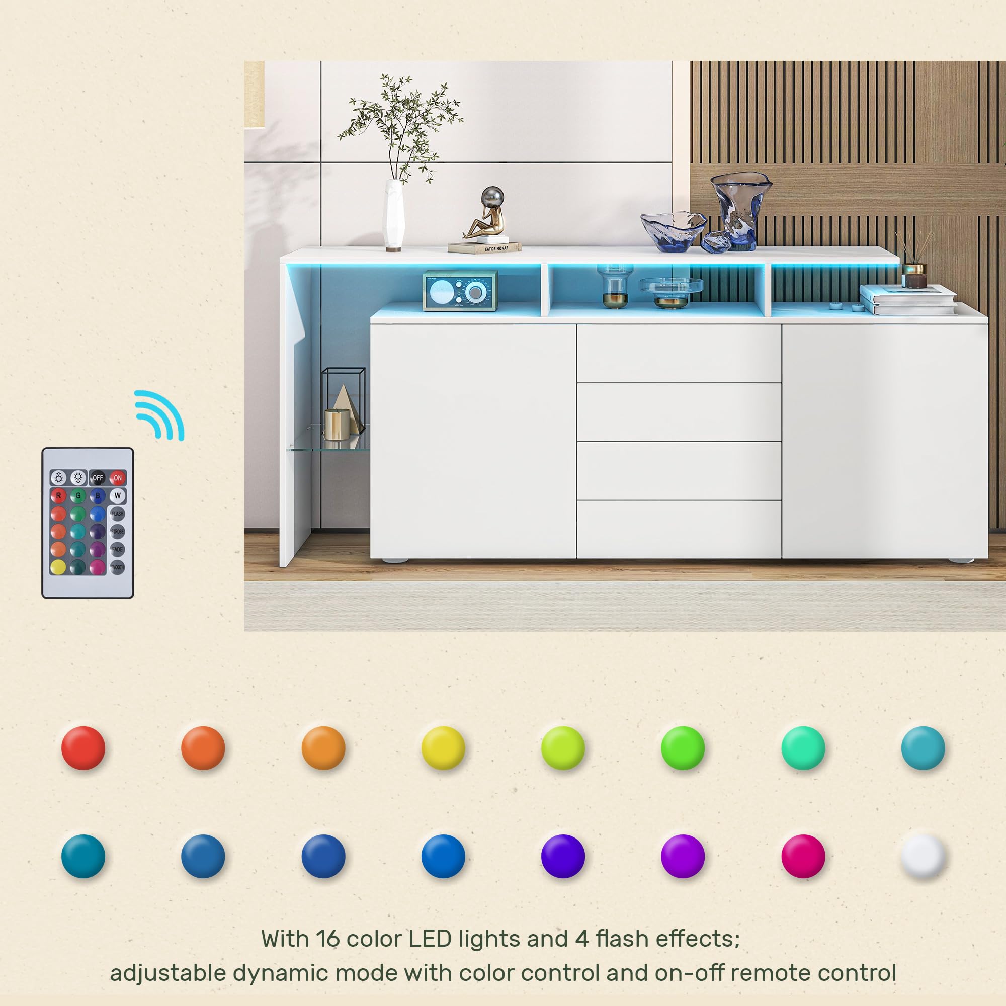Azkoeesy Credenza, Cassettiera Bianca Lucida con LED 160x35x70 cm, 4 Cassetti, 2 Ante, Mensole in Vetro, Mobile TV Moderno Elegante, Mobile Multifunzione per Soggiorno e Sala da Pranzo