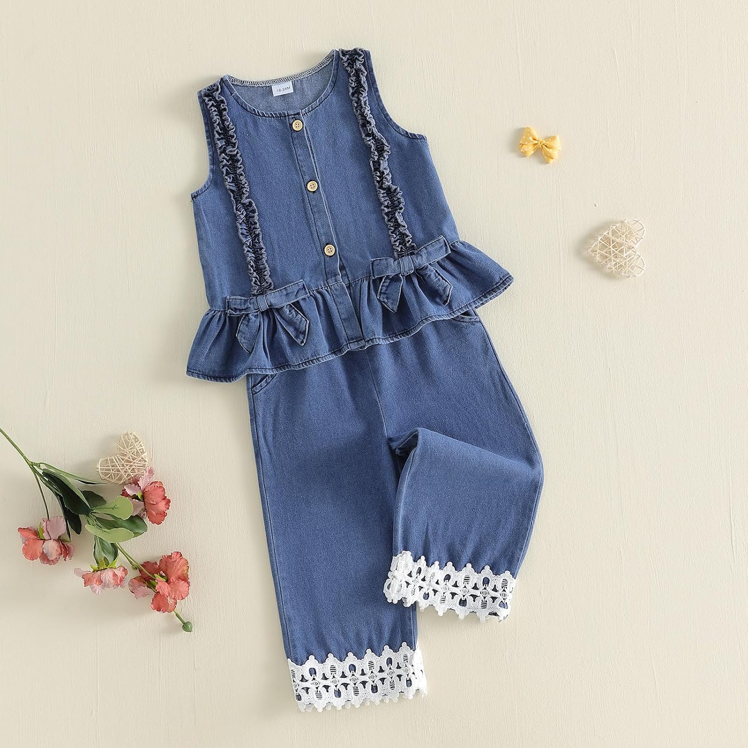 Summer Toddler Girl Jean Outfit Button Tank Tops Lace Hem Denim Pants Set Little Girl Jeans Clothes