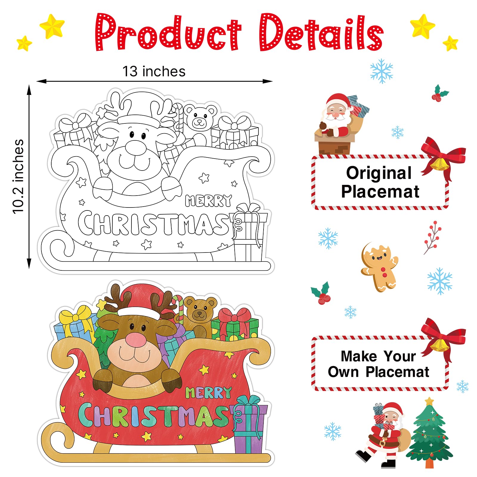 FLYAB Manteles individuales de Navidad para niños, 10 x 13 pulgadas, 12 manteles individuales de papel desechables de doble cara para niños, manteles de Navidad para decoración de fiestas de