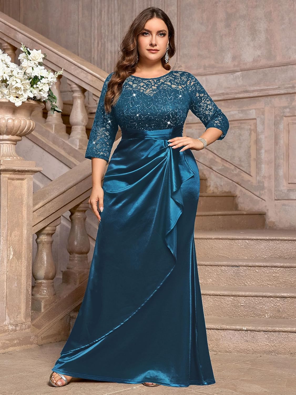 MISSMAY Women's Plus Size Sequin Lace Contrast Satin Ruched Bodycon Mermaid Formal Maxi Dress - Image 3