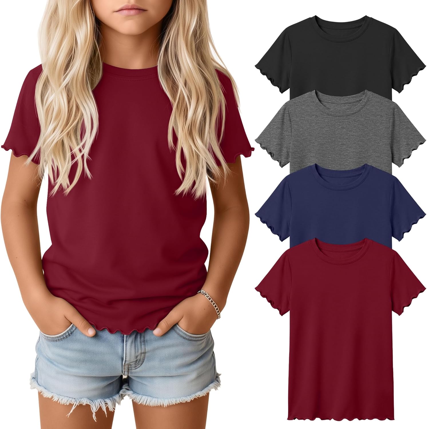 Oakgarden 4 Pack Girls Short Sleeve T-Shirts Kids Summer Tops Crewneck Lettuce Trim Teens Comfy Slim Fitted Tees 5-16 Years