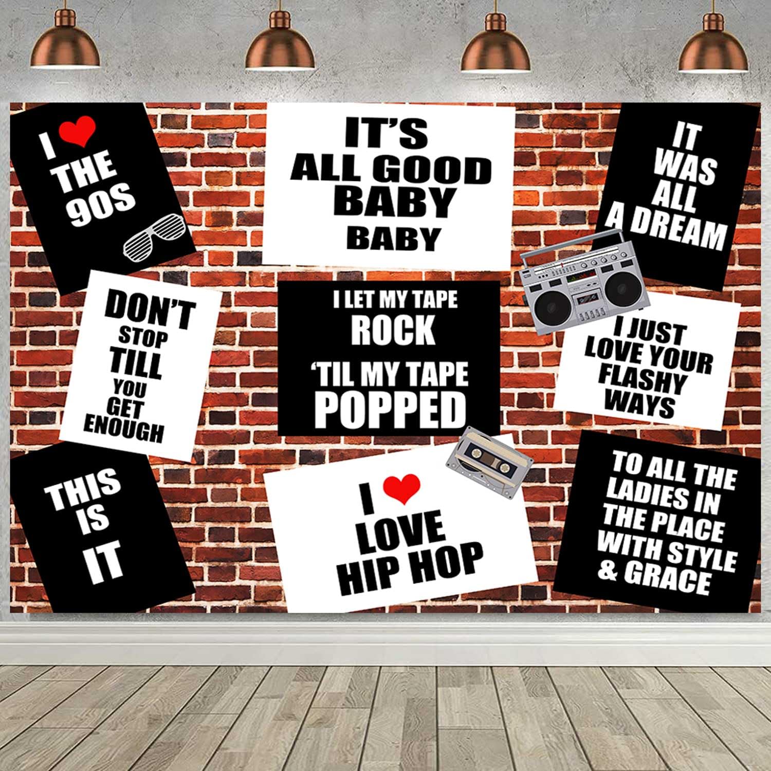 Sensfun Hip Hop 90s Theme Backdrop Retro Red Brick Wall Photography Background Back to The 90s Birthday Decorations Rap Music 90'S Hip-Hop Black White Graffiti Party Banner Photo Booth Props 7x5ft