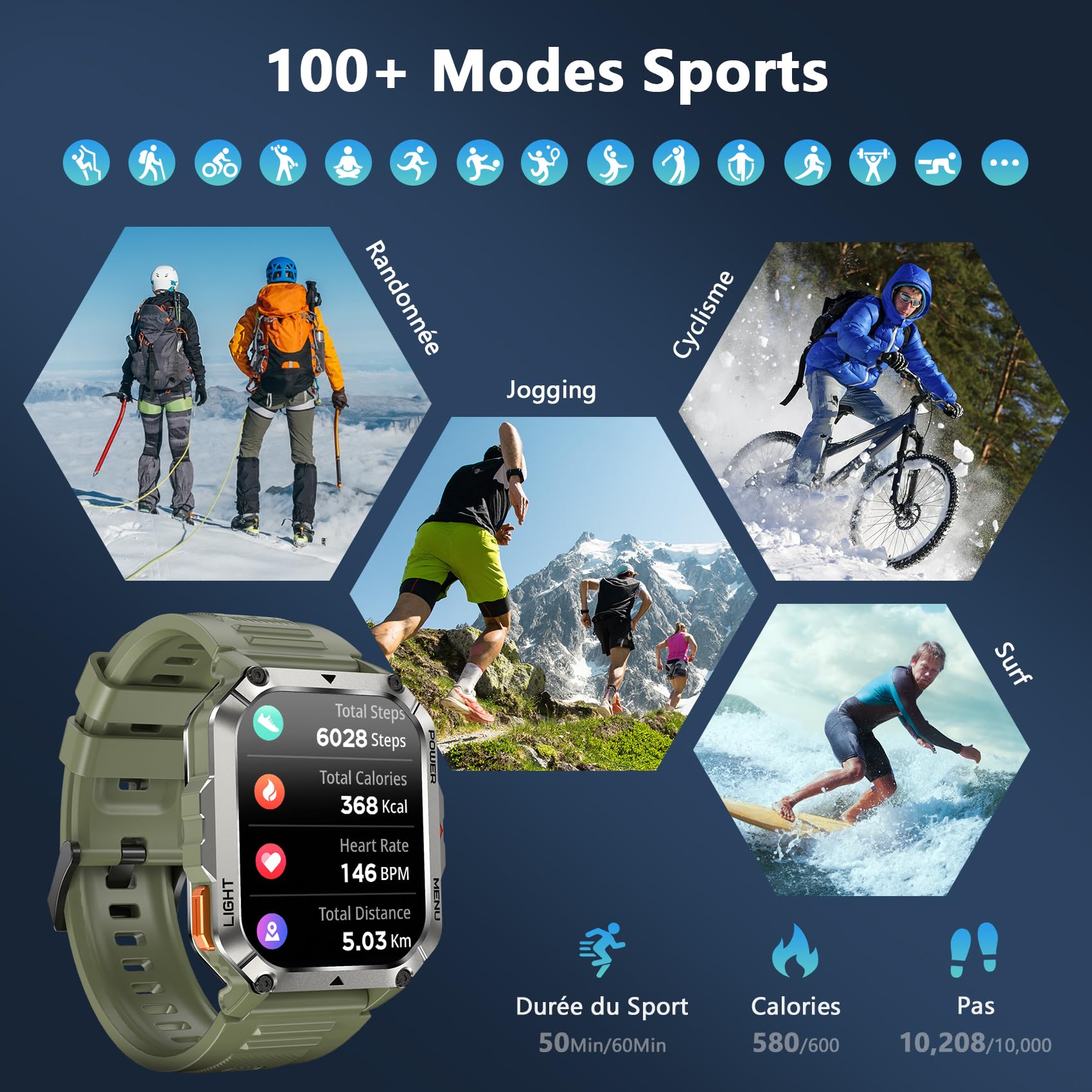 Blackview Montre Connectée Homme Femme, Illumination,Boussole,Batterie 900 mAh, Écran Tacile, Appel Bluetooth, Cardiofréquence, Analyse Sommeil, 100+ Modes Sport,pour Android/iOS (Verte)