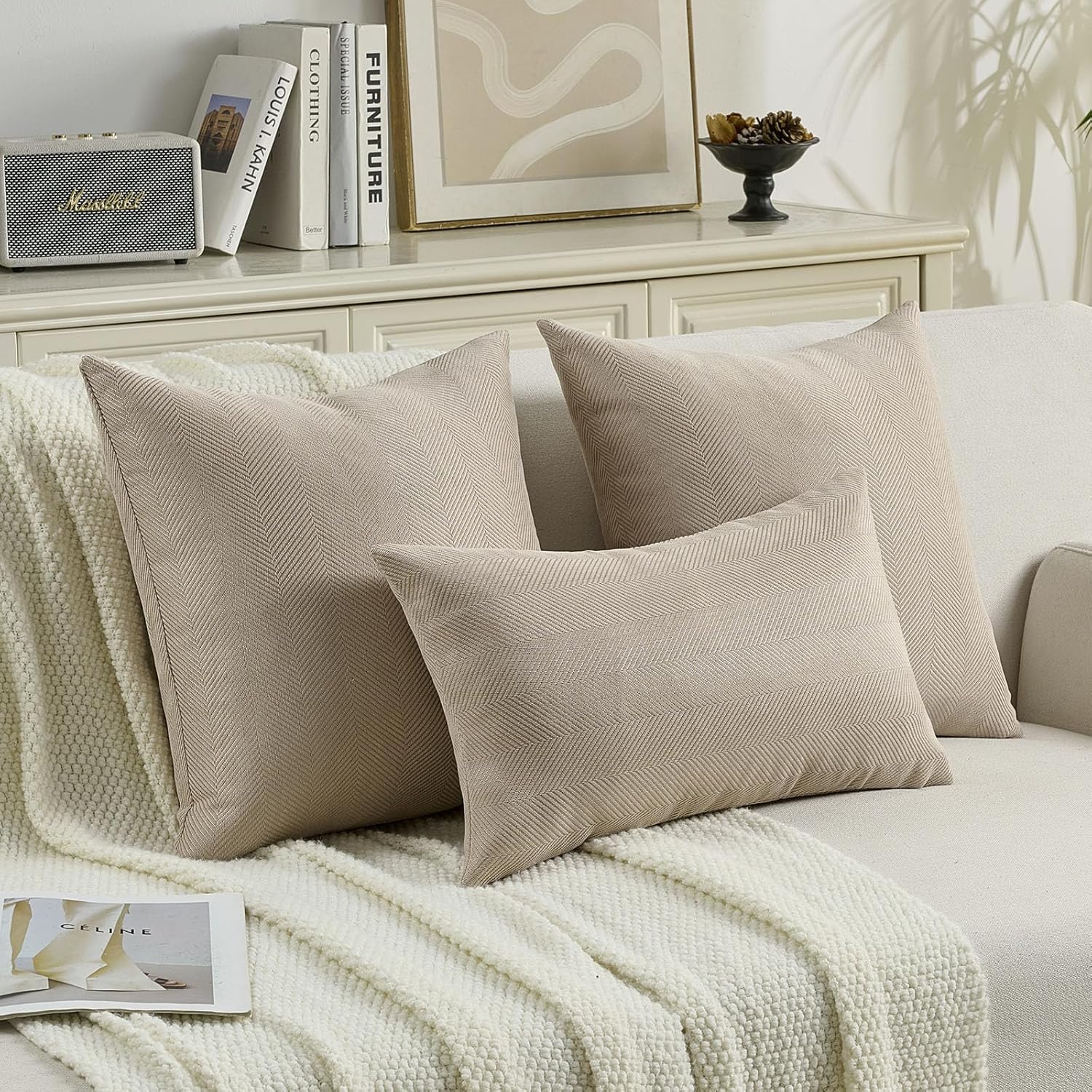 FUTEI Oatmeal Chenille Throw Pillow Covers 18x18 Inch Set of 2,Soft Wide Chevron Textured Cushion Case,Farmhouse Home Decor for Couch Bed Living Room - Image 4