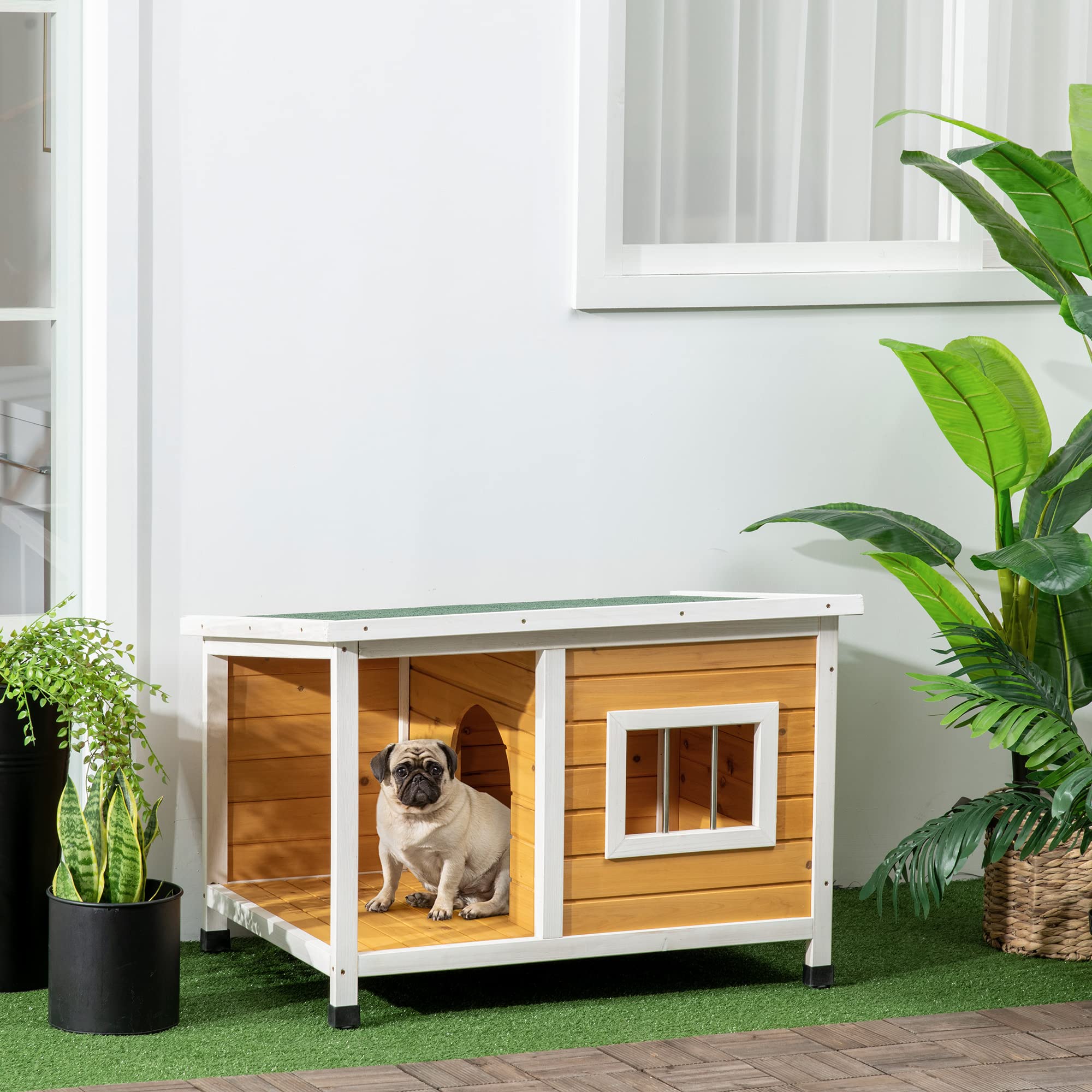 PawHut Caseta para Perros Exterior 85,5x62x60 cm Casa para Perros de Madera con Techo Asfáltico Abatible Puerta y Ventana para Perros Pequeños Natural