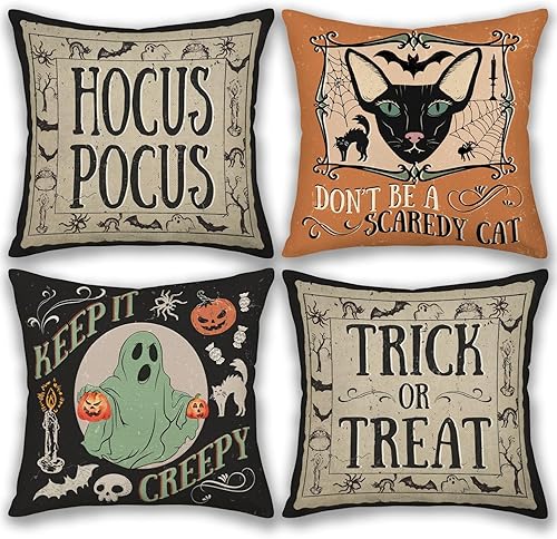 Juego de 4 fundas de almohada vintage de Halloween de 20 x 20 pulgadas, decoración de Halloween, gato aterrador, calabaza, fantasma, funda de cojín