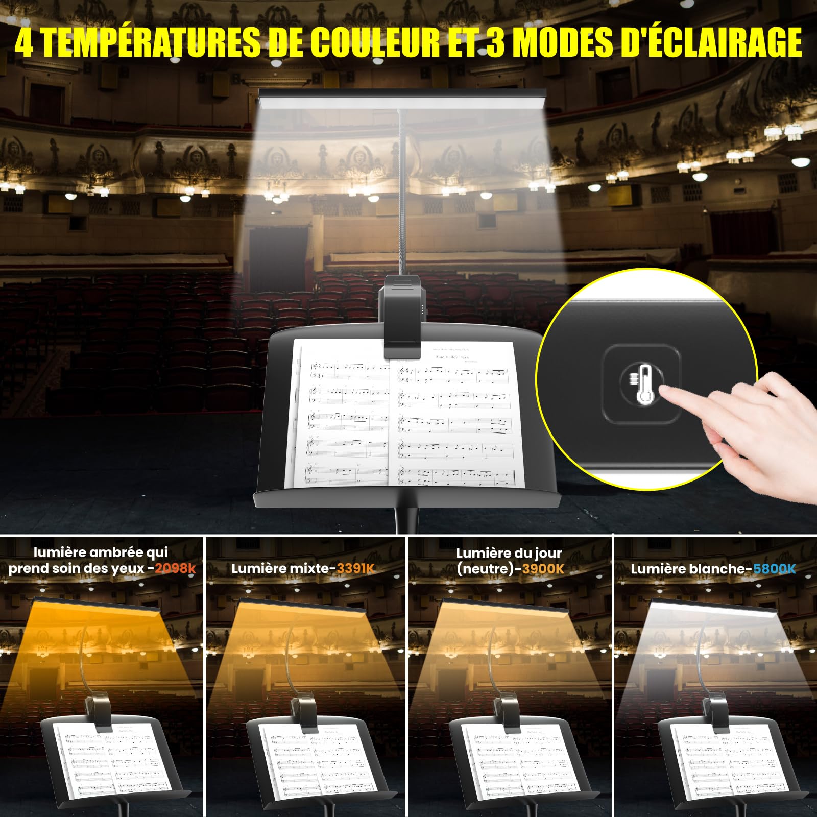 Lampe de pupitre à 30 DEL,lampe à clipser pour pupitre de musique,lumière de piano rechargeable par USB,4 couleurs et 3 luminosité,parfait pour le piano,Partitions,Guitare,artisanat