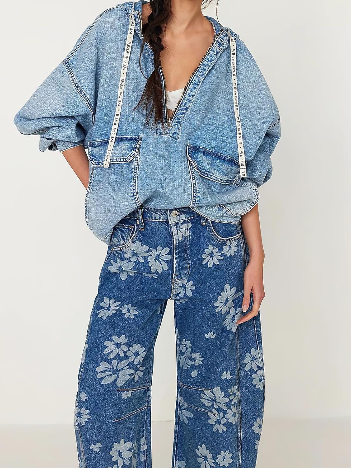 ebossy Women's Retro Floral Print Barrel Jeans Mid Rise Wide Leg Baggy Boyfriend Horseshoe Denim Pants - Image 6