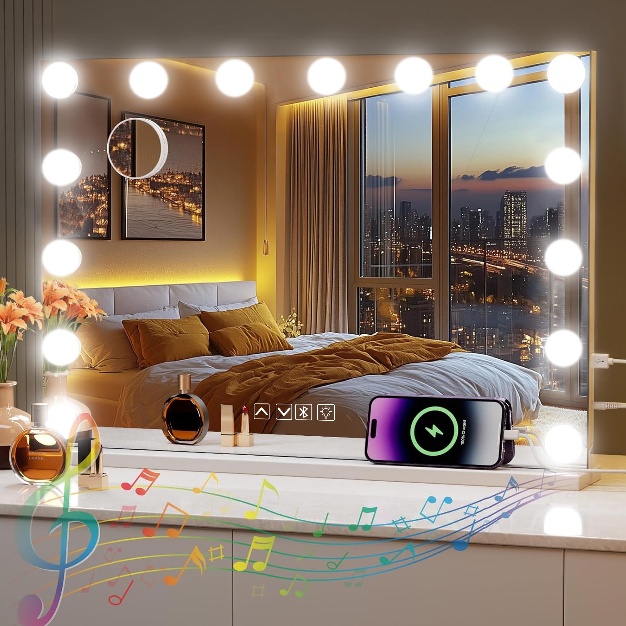 Hollywood Espejo con Bluetooth con 15 lámparas LED, Espejo de Maquillaje de 58 x 46 cm con Salida USB y Espejo de Aumento Bluetooth con 10 Aumentos, luz de Temperatura de 3 Colores