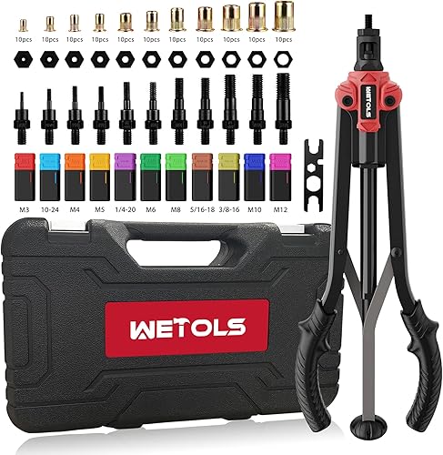 Miniatura 9 de WETOLS Kit de herramientas de tuerca de remache, herramienta de tuerca remachadora de 14 pulgadas con 7 mandriles métricos y SAE, remachadora manual