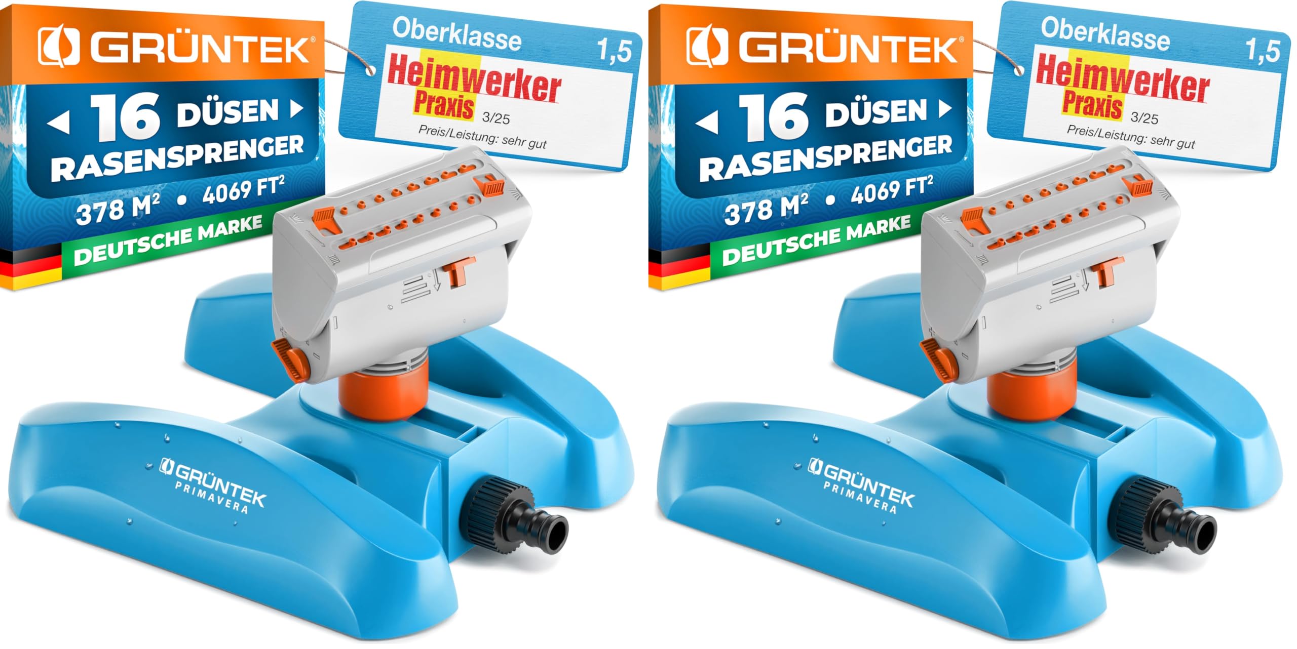 Robuster GRÜNTEK Oszillationssprinkler mit Turbo-Motor – Viereckregner mit 16-Düsen Bewässerungssystem, bruchfester ABS-Kunststoff, für gleichmäßige Beregnung großer Flächen (Packung mit 2)