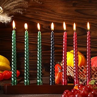 BBTO 8 Pcs Kwanzaa Kinara Set Kinara Wooden Candle Holder with 8 Inch Kwanzaa Kinara Spiral Taper Candles Unscented Dripless Candles for Kwanzaa Decoration