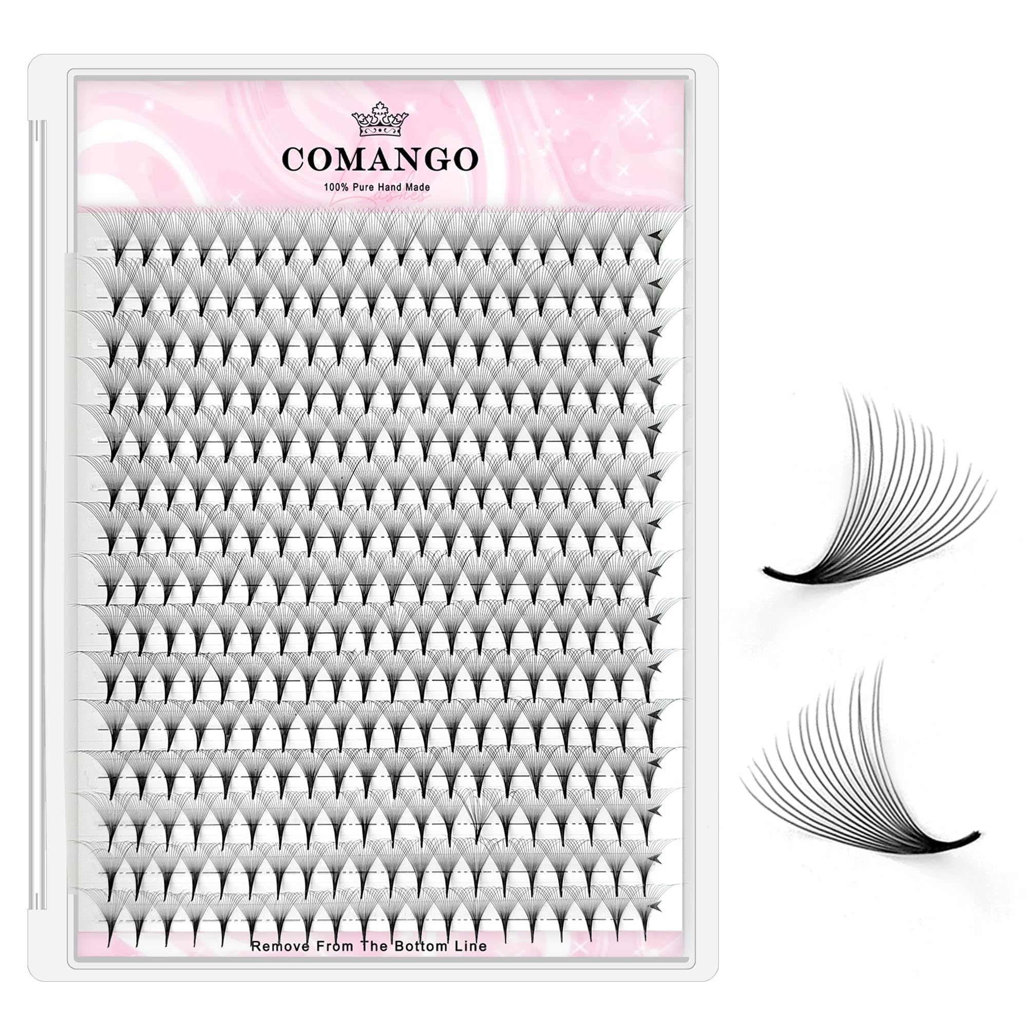 CoMango Premade Fans Eyelash Extensions 300 Fans 16D Volume 0.05mm D curl 14mm Sharp Narrow Stem Clusters Thin Pointy Base Russian Pre Fanned Fluffy