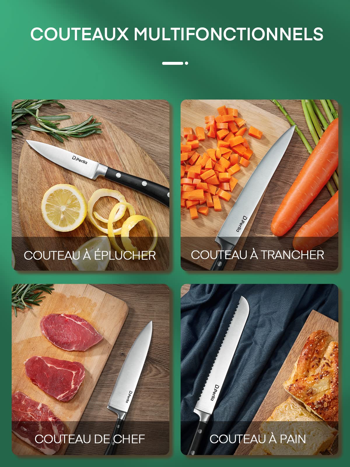 D.Perlla Couteaux de Cuisine, 6 Pièces Set Couteau Cuisine en Allemagne Acier Inoxydable, Ensemble de Couteaux Professionnels, Bloc de Bois, Super Aiguisé