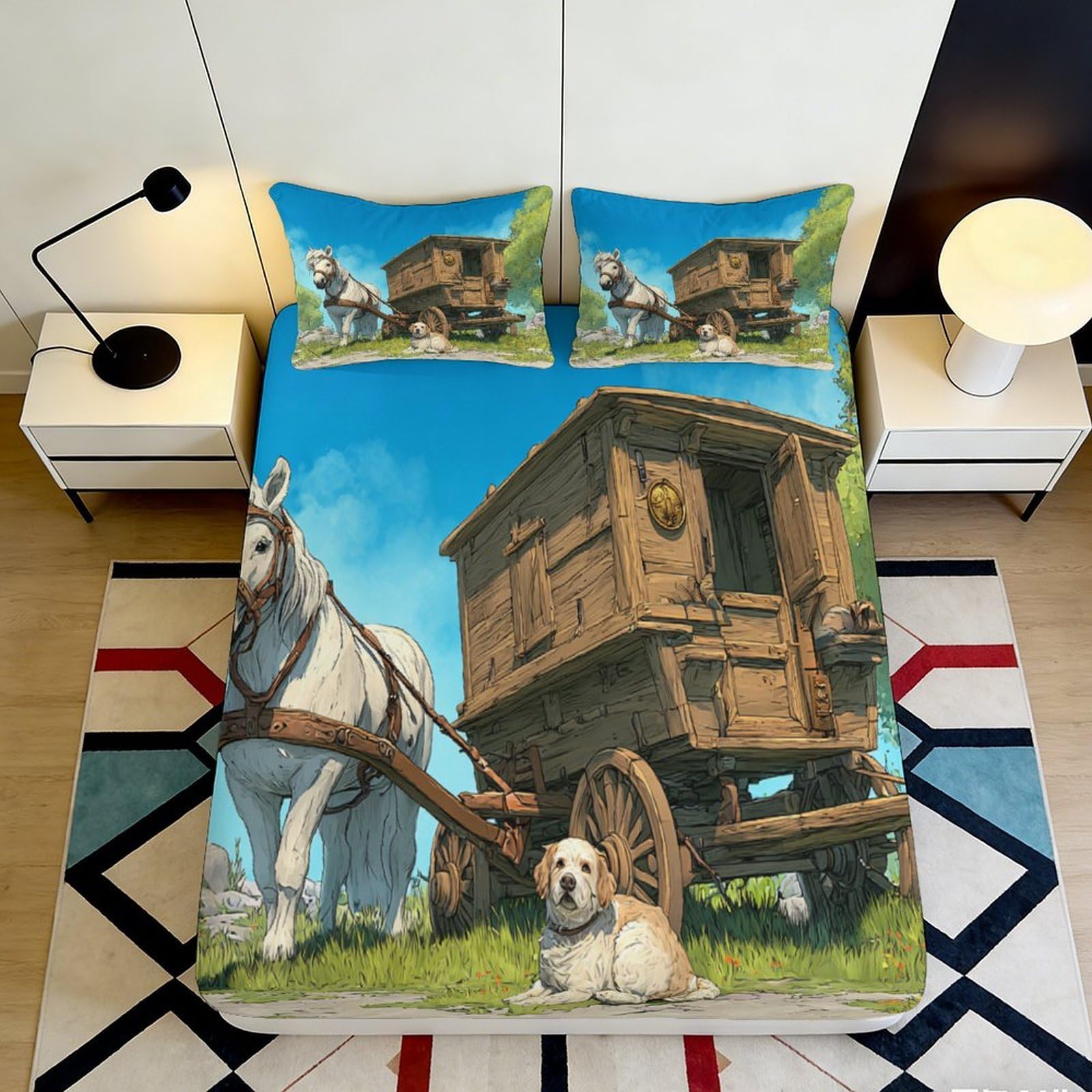 3D Printed Countryside Wagon Fitted Sheet Microfiber Soft Horse and Dog Bed Cover for Bedroom Guest Room Decor 90x200x25cm