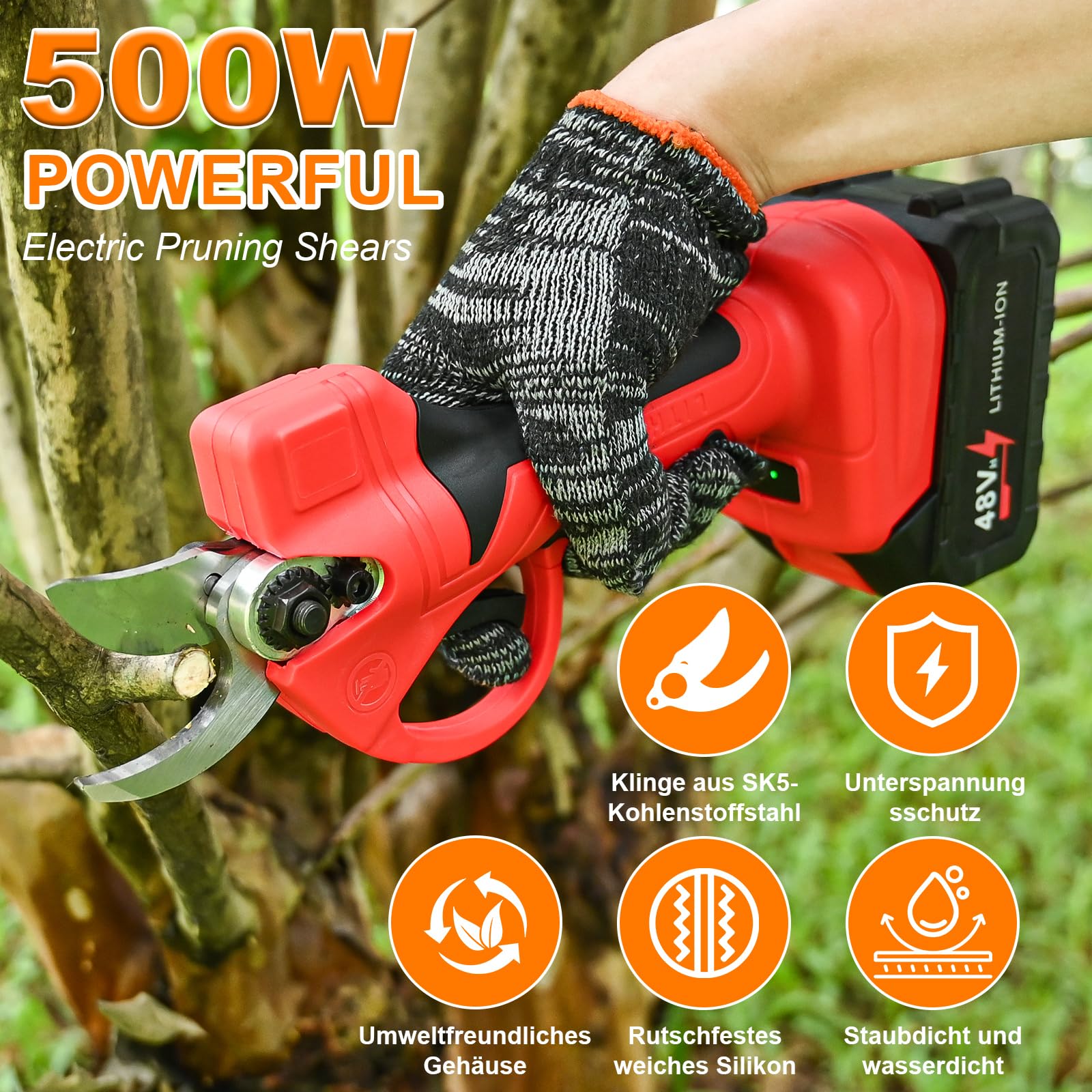 Akku Astschere,GuKKK 35mm Elektrische Gartenschere mit Akku mit 500W Bürstenlosem Motor, Professionelle Elektrische Gartenschere mit 2 Akku 2000mAh, Elektrisch Garten Schere für Zweige, Sträucher