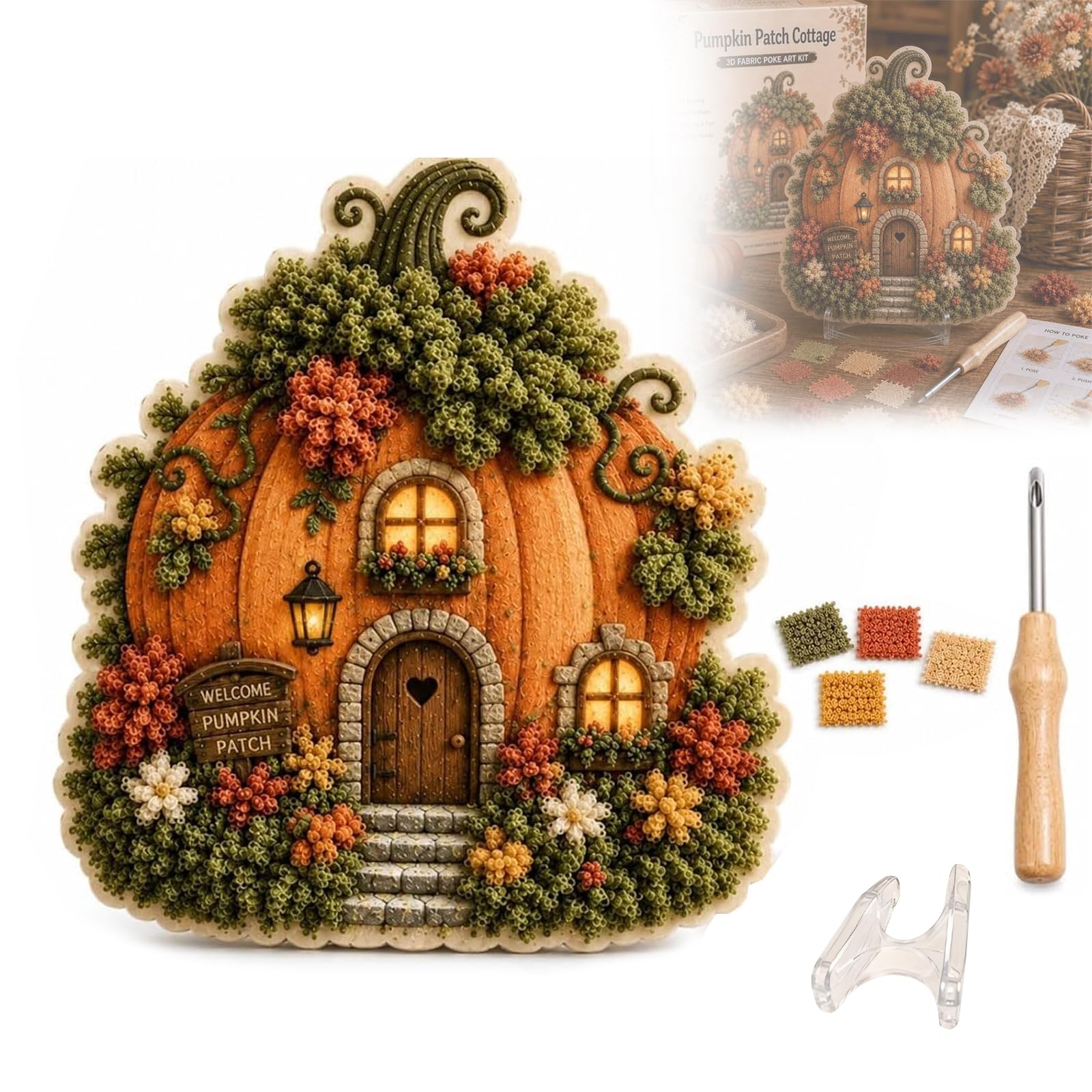 Eznaobo Whimsical Village 3D Fabric Poke Art Kit, Floral Mushroom Cottage Creative Craft Set,No Sew Press Technique,Home Decor Craft for Adult Beginner Handmade Hobby Gift,DIY Handmade Hobby Gift