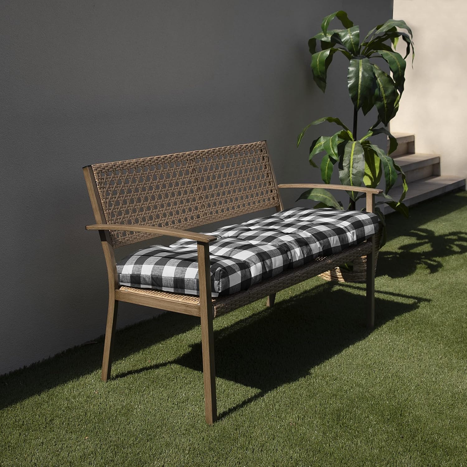 ATOOTFUSION Buffalo Check Indoor Bench Cushion, Black and White Plaid, Tufted Seat Pad with Ties 48X18 Inch 3