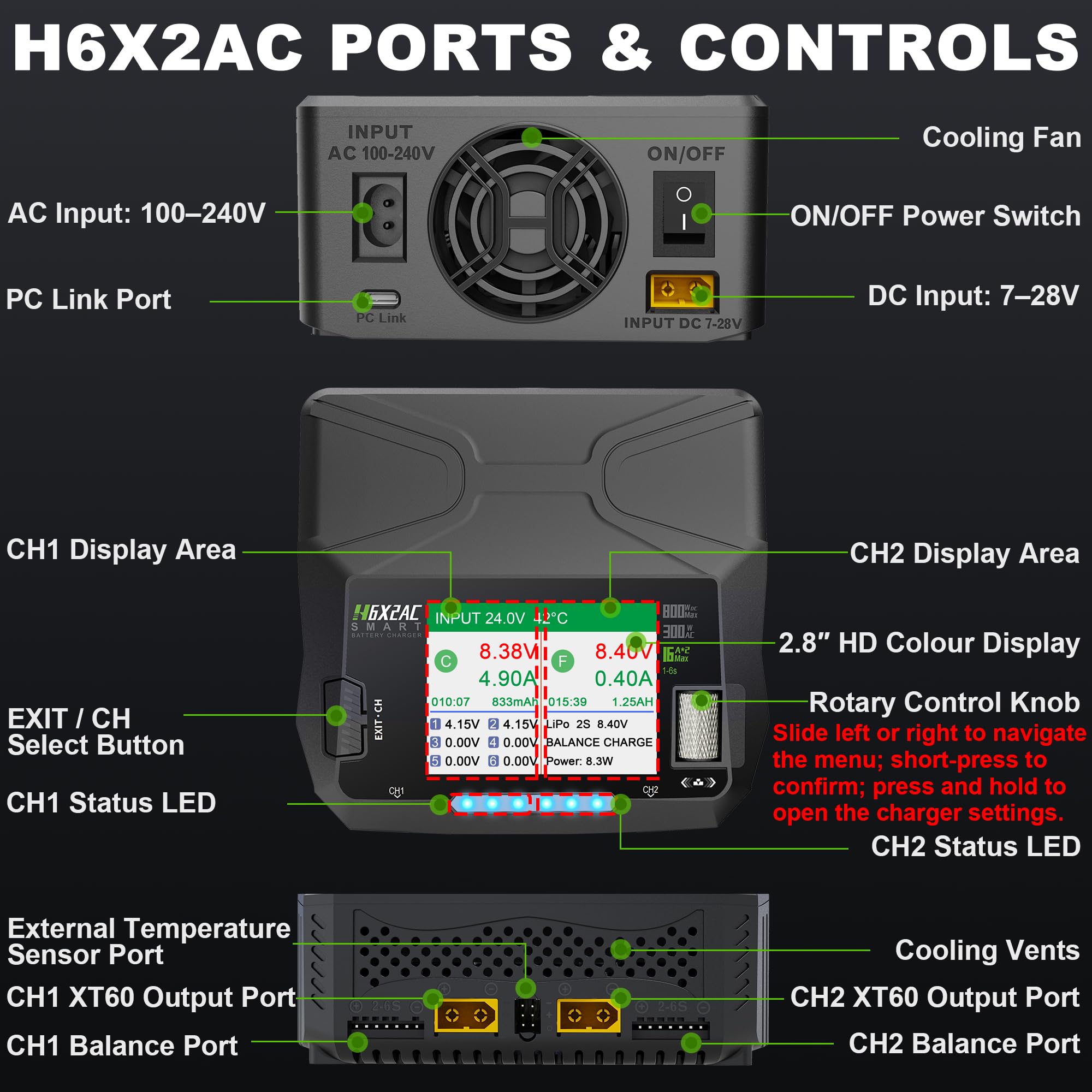 HTRC H6X2AC Duo - Caricatore LiPo con bilanciatore, 2 × 16 A, 300 W AC/2 × | Caricatore RC per LiPo/LiHV/Li-Ion/LiFe/LTO 1-6S, NiMH/NiCd 1-15S & Pb 2-20 V; scarica, modalità di stoccaggio