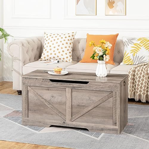 Miniatura 3 de HOOBRO Banco de almacenamiento, baúl de almacenamiento de madera retro de 39.4 pulgadas con tirador recortado en forma de U, bisagra de seguridad,