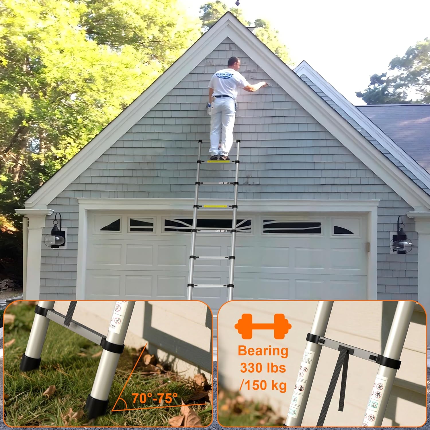 HYCHIKA Telescoping Ladder 14.5 Ft, Extension Collapsible Aluminum Ladder with Stabilizing Bar, Multi-Button Retraction for Home, RV, Roof, Loft, Painters, Camper, Indoor & Outdoor, 330 Lbs Capacity