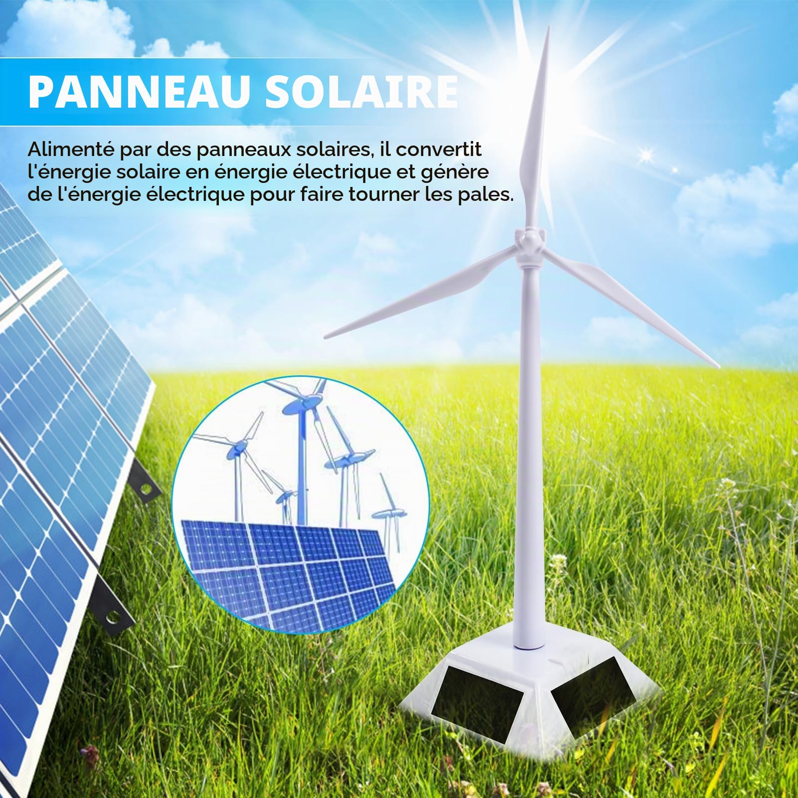 Jadeshay Mini Eolienne Modèle de Moulin à Vent à Énergie Solaire Kit Assemblé Modèle de Moulin à Vent à Énergie Solaire de Bureau pour Outil D'enseignement des Sciences