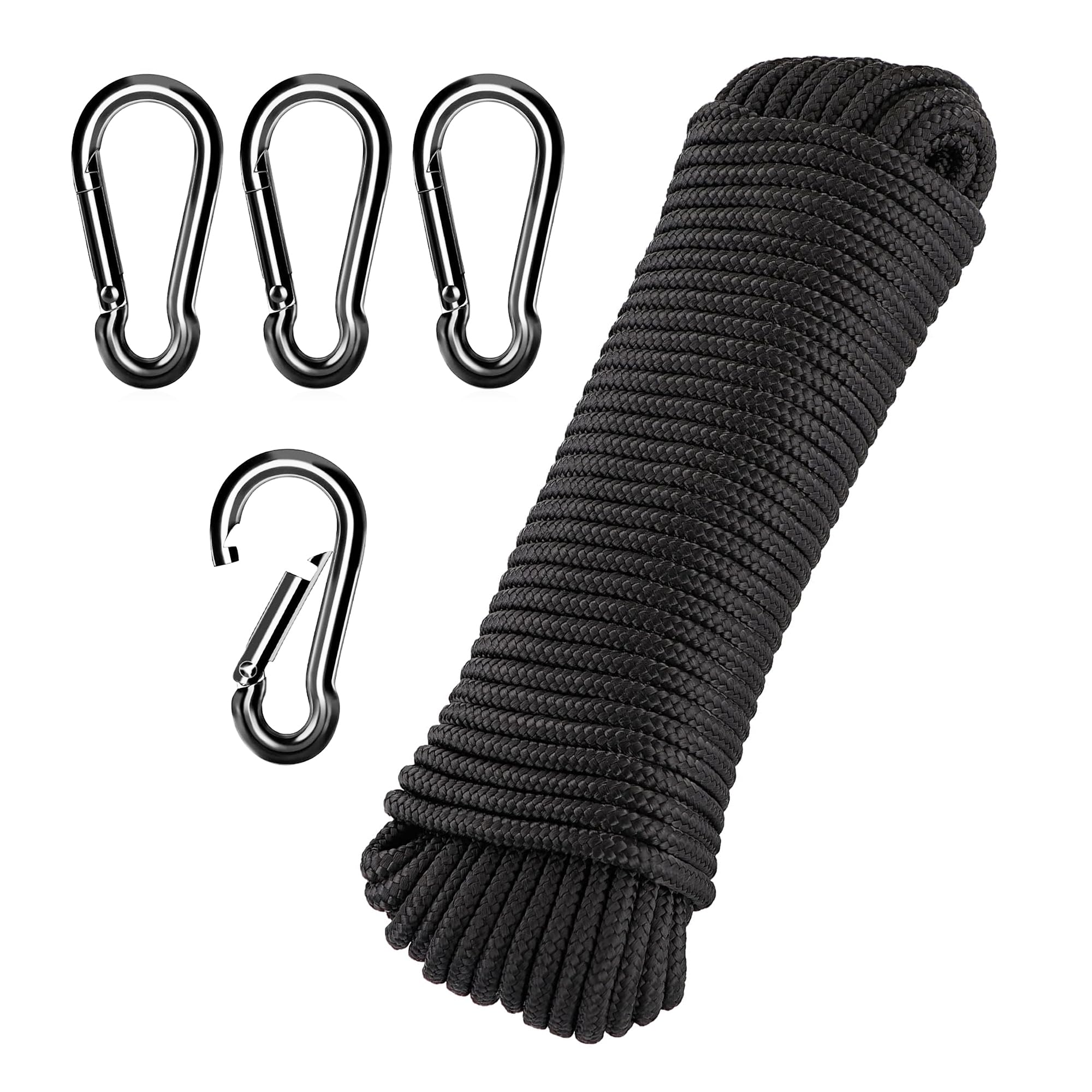 Dantolo 20M Fahnenmast Zubehör Seile,Nylon Flaggenseil für Haus Außenbereich,Fahnenmast Seil Wetterfest mit 4 Karabinerhaken (Schwarz)