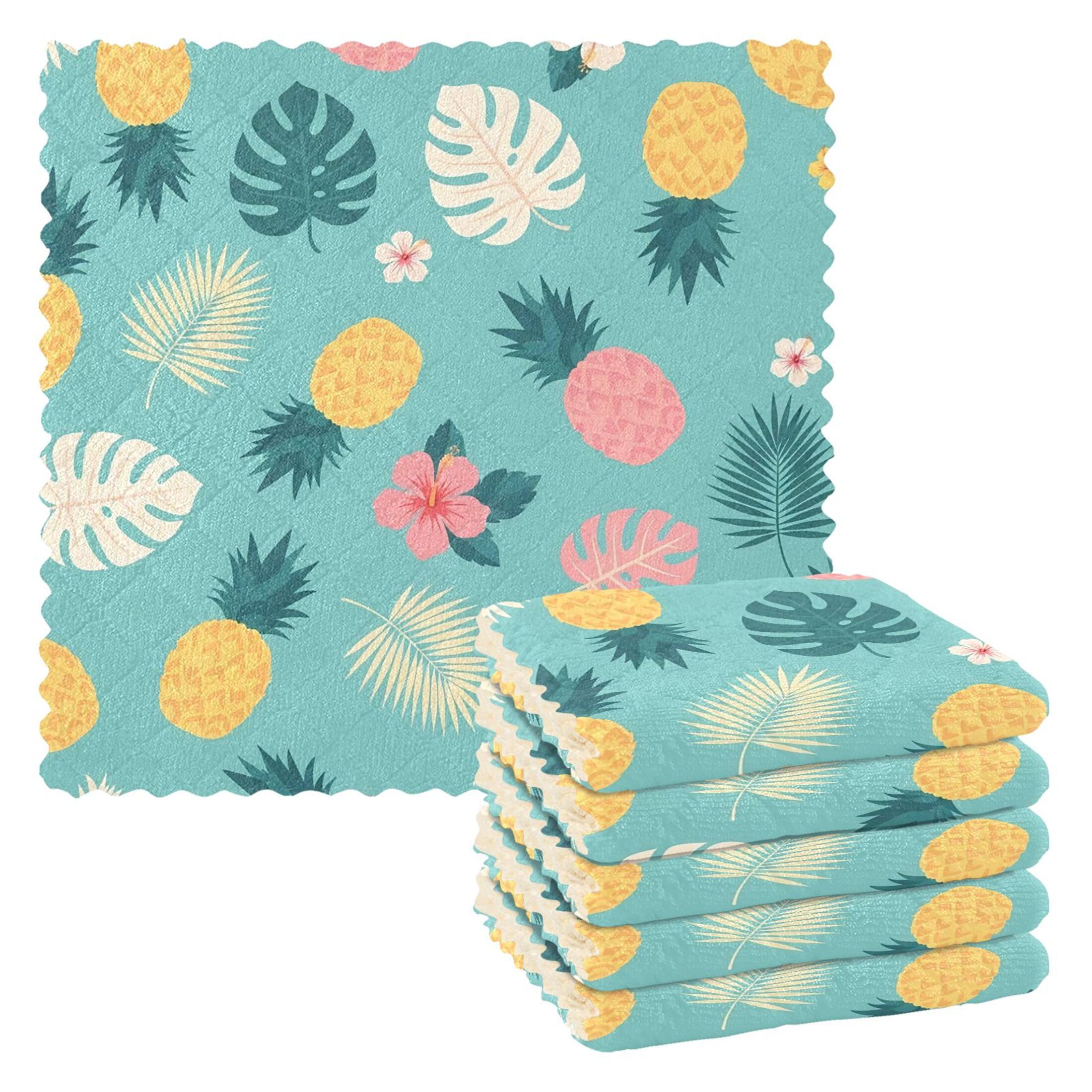 Fuauuyl Pineapples Monstera Leaves Kitchen Dish Towel Set of 6, Soft Absorbent Washable Cleaning Cloths Dish Rags Tea Bar Drying Towels, 11x11 In