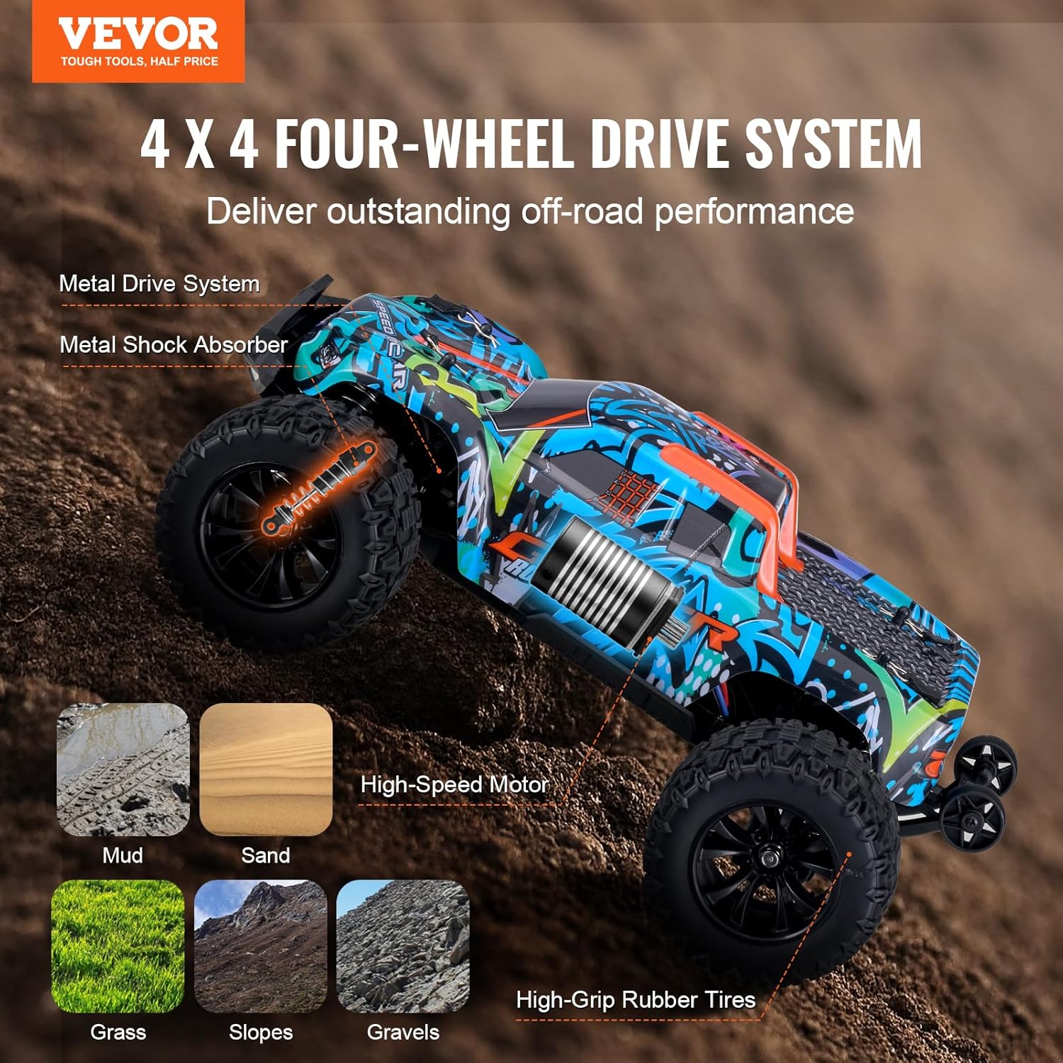 VEVOR Brushless Remote Control Car, 1/14 Scale RC Car for Kids, All Terrain 4WD Off-Road Truck with Extra Shell, 45° Wheelie & Adjustable Speed, 42 km/h Hobby RC Vehicle Toy, for Adults Boys Girls