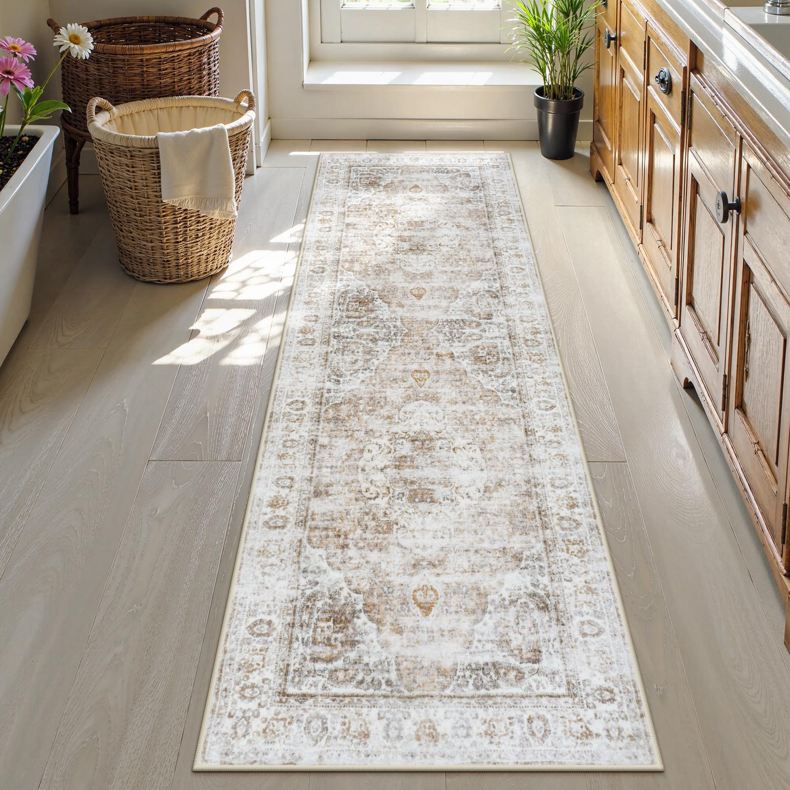 Uphome Bathroom Runner Rug, Distressed Tribal Farmhouse Light Khaki Bathroom Mat, Large Bathroom Rugs Non Slip Washable, Oriental Retro Boho Bath Mat