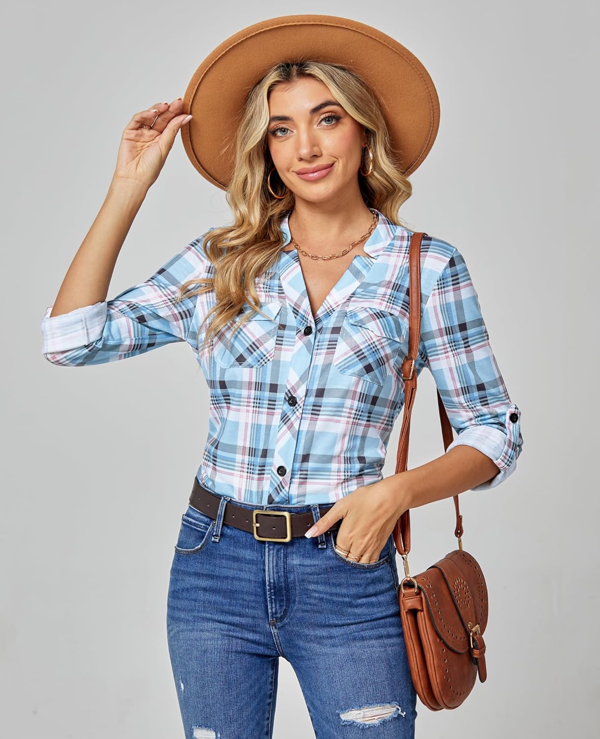 DJT Womens Soft Stretchy Knit Plaid Button Down Shirts Cut Triangle V Neck Roll Up Long Sleeve Tops Blouses - Image 3