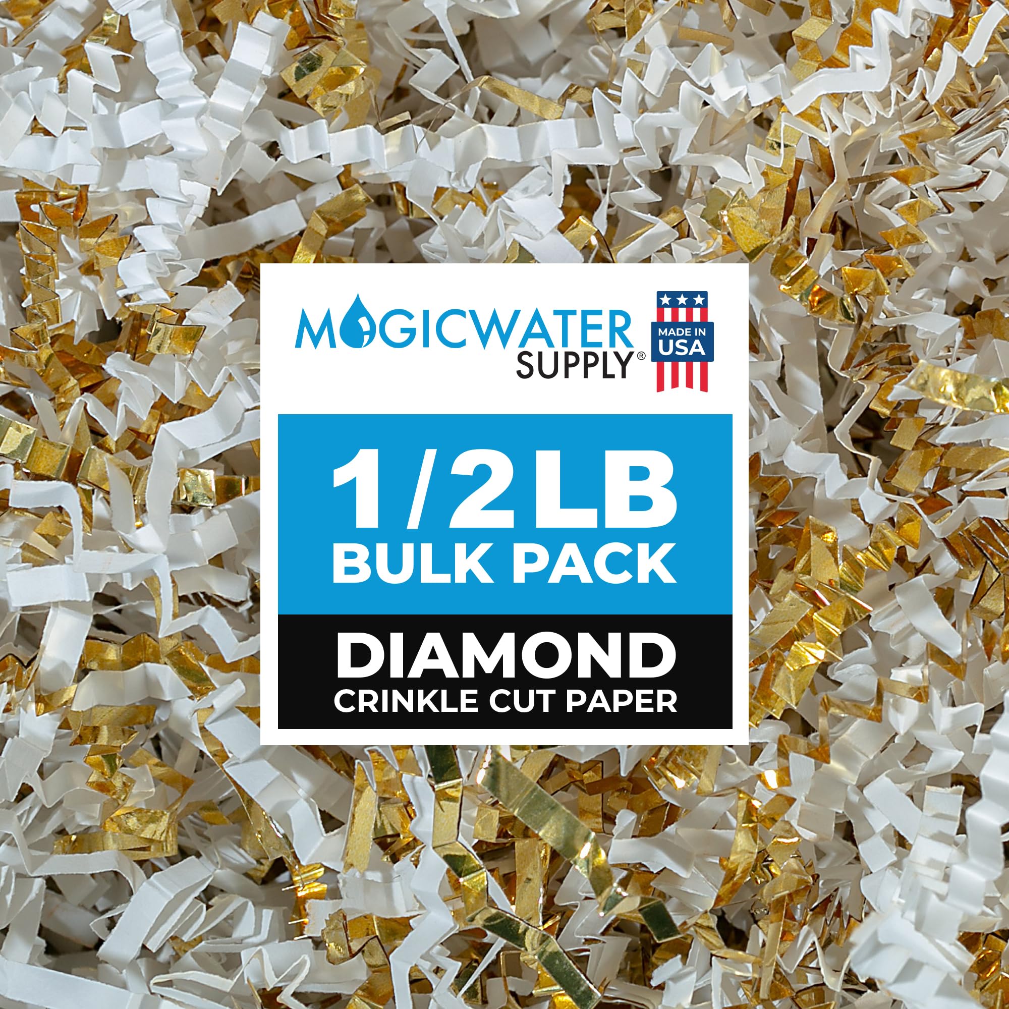 MagicWater Supply - 1/2 LB - White & Gold - Crinkle Cut Paper Shred Filler great for Gift Wrapping, Basket Filling, Birthdays, Weddings, Anniversaries