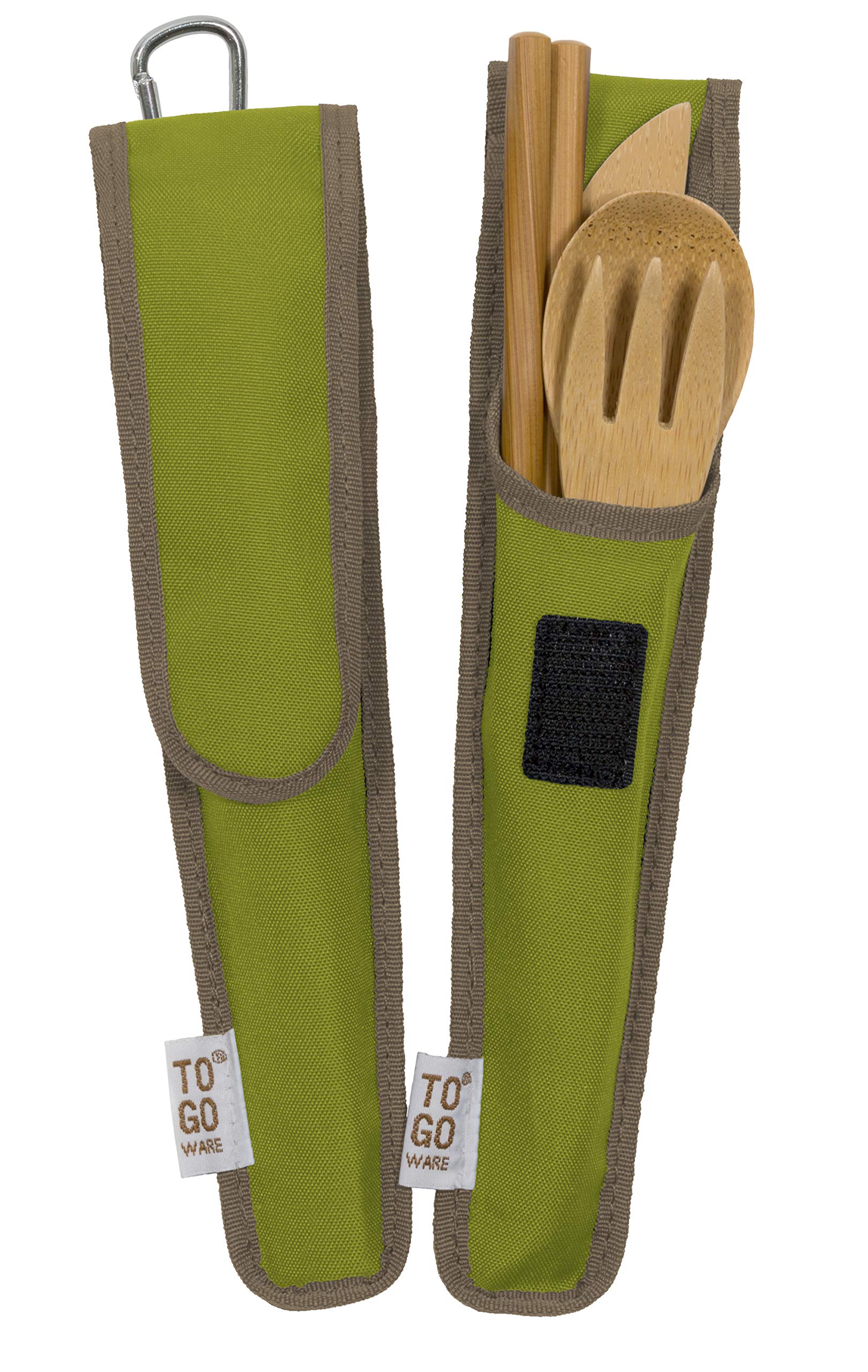 TO GO WARE Reusable Bamboo Utensil Travel Set | Includes Fork, Knife, Spoon, Chopsticks, & Carabiner Clip | Made from Sustainable Materials | Perfect for Work | Avocado Green (Pack of 2)