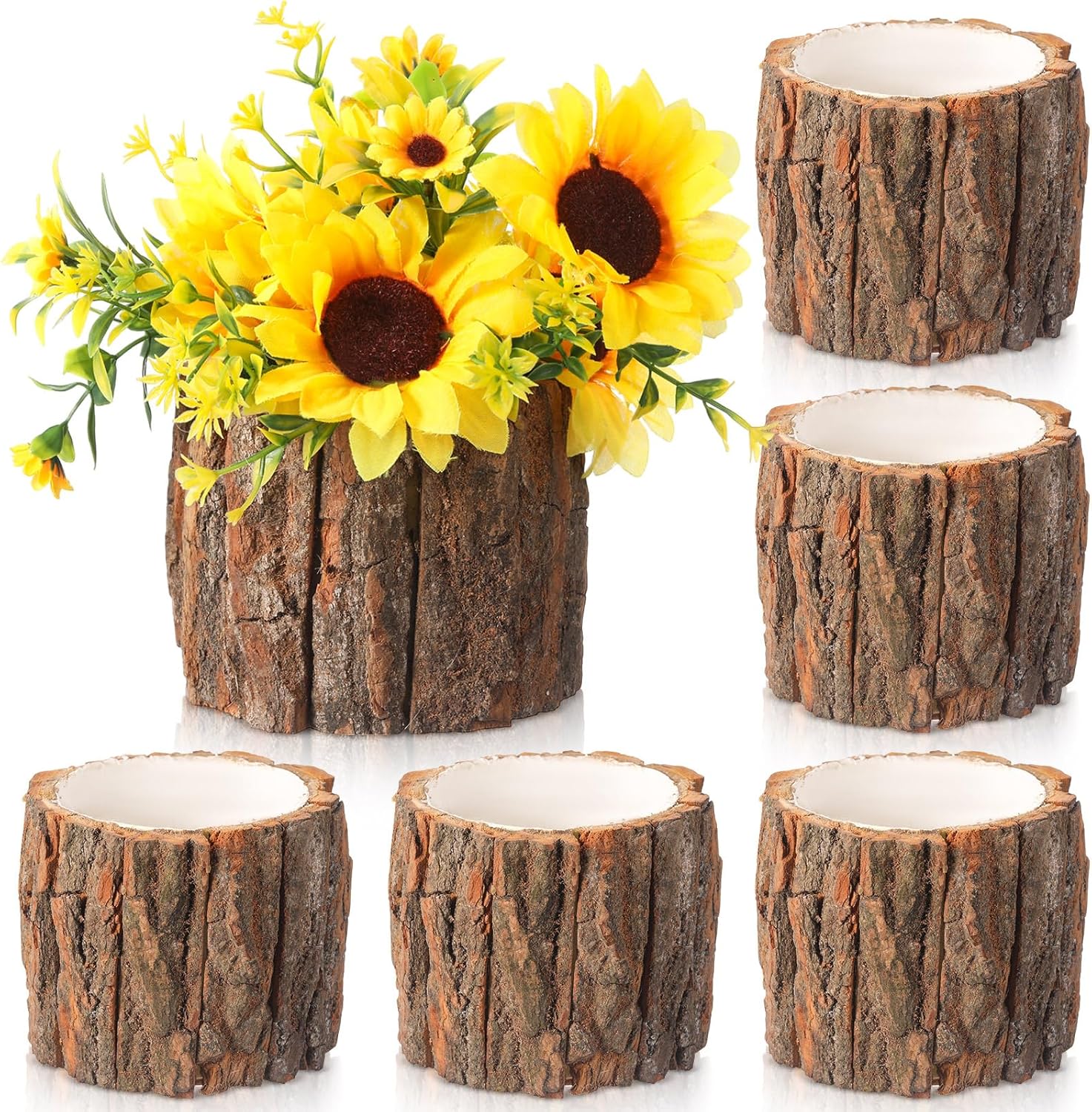 6 Pcs Wooden Vase for Centerpieces Wooden Flower Vase Rustic Bark Stump Buckets Vintage Wood Planter Pots for Woodland Party Wedding Window Home Farmhouse Table Decor