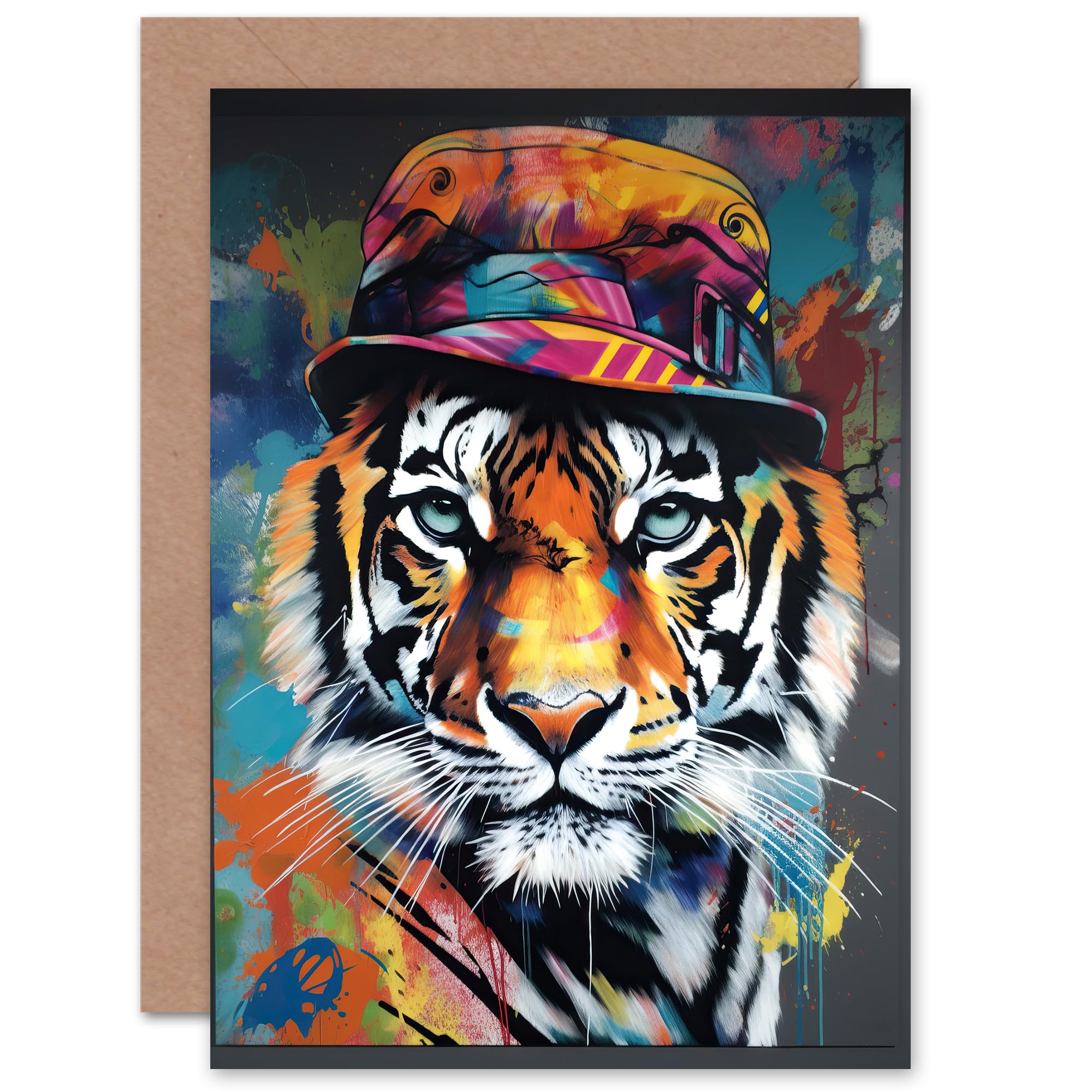 Artery8 Fun Bucket Hat Tiger for Him or Her Man Woman Birthday Thank You Congratulations Blank Art Greeting Card