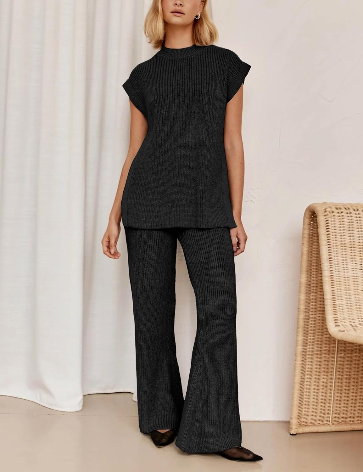 Lviefent Womens 2 Piece Outfits Sweater Set Sleeveless Side Slit Pullover Top Knit Wide Leg Pants Lounge Matching Sets