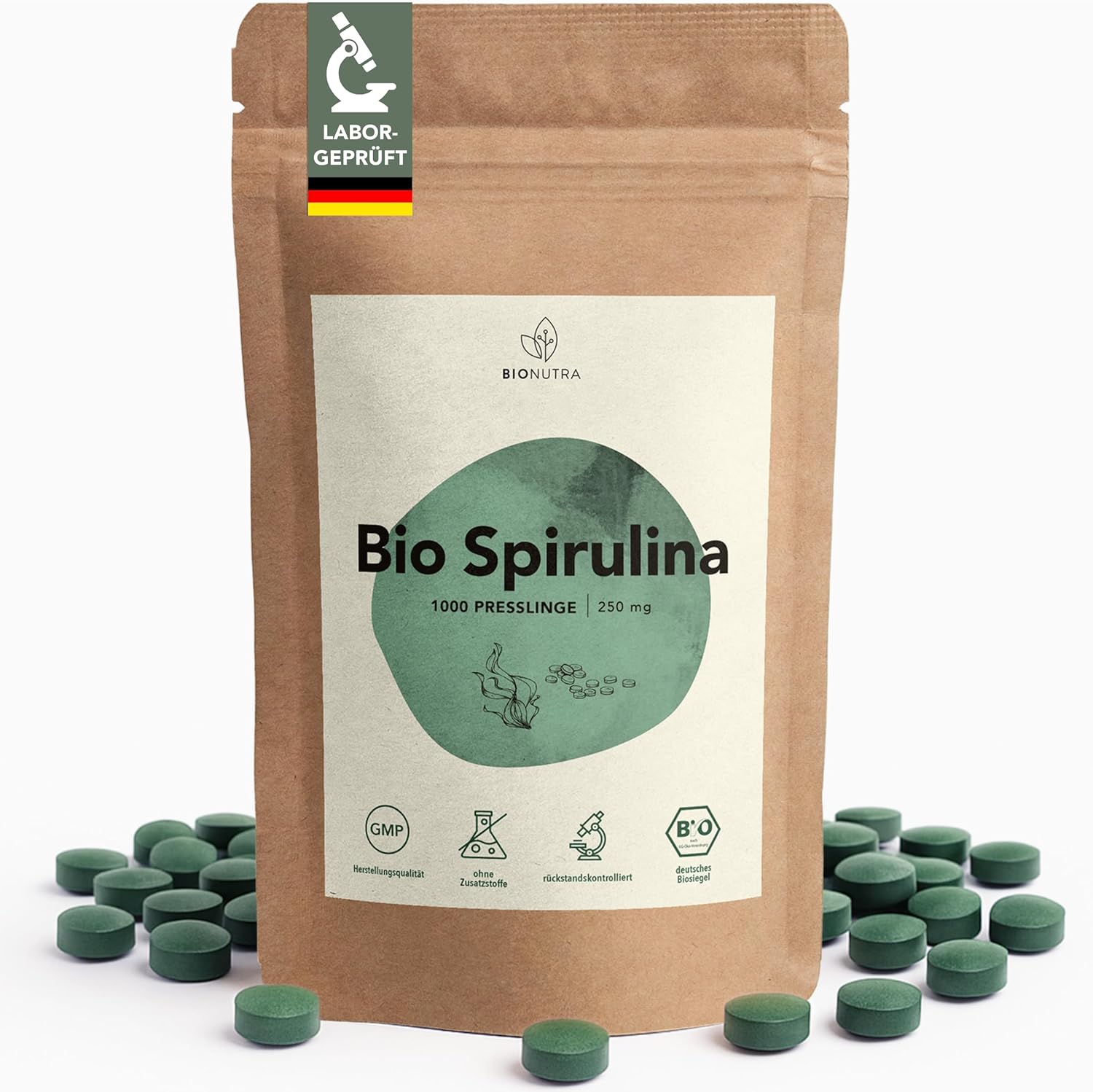 BIONUTRA Spirulina Bio Tablets 1000 x 250 mg, tested and analysed in the laboratory, produced according to EU Organic Regulation, Vegan, Lactose and Gluten Free, No Additives, Pure Organic Spirulina
