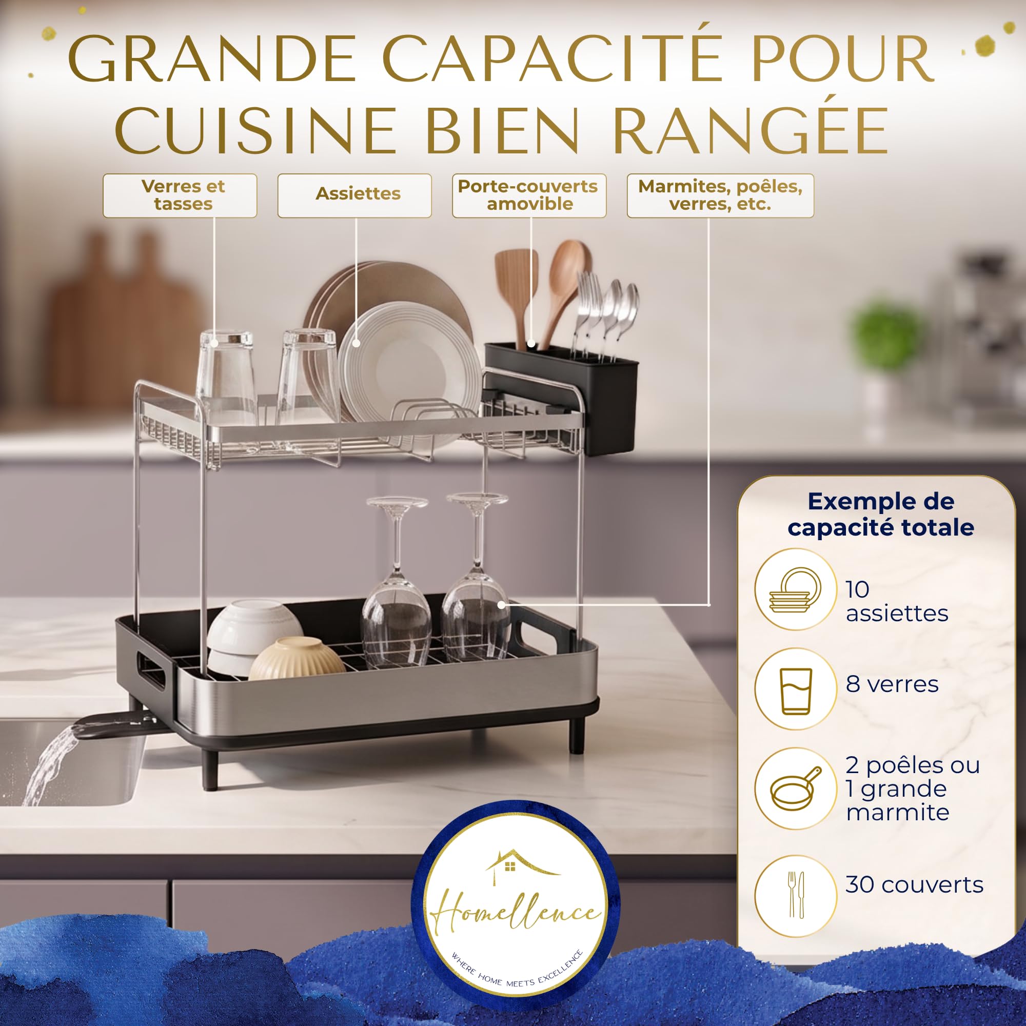 Homellence Égouttoir à Vaisselle 2 Niveaux, Égouttoir Cuisine Compact, Noir