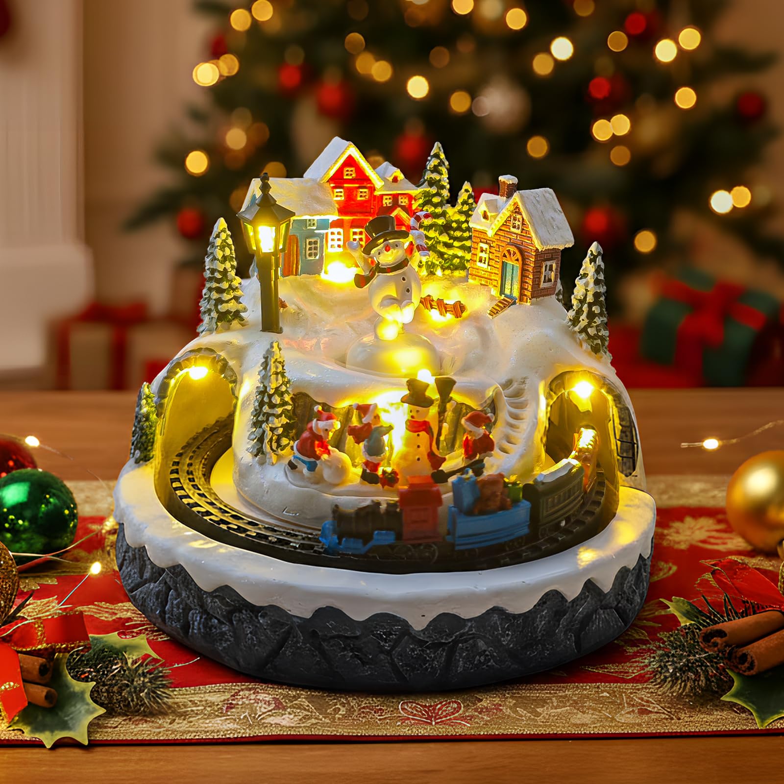 Décoration de village de Noël avec train rotatif et bonhomme de neige, bâtiments musicaux de collection, 8 chansons, lumières LED, fonction minuteur et deux options d'alimentation (USB ou batterie