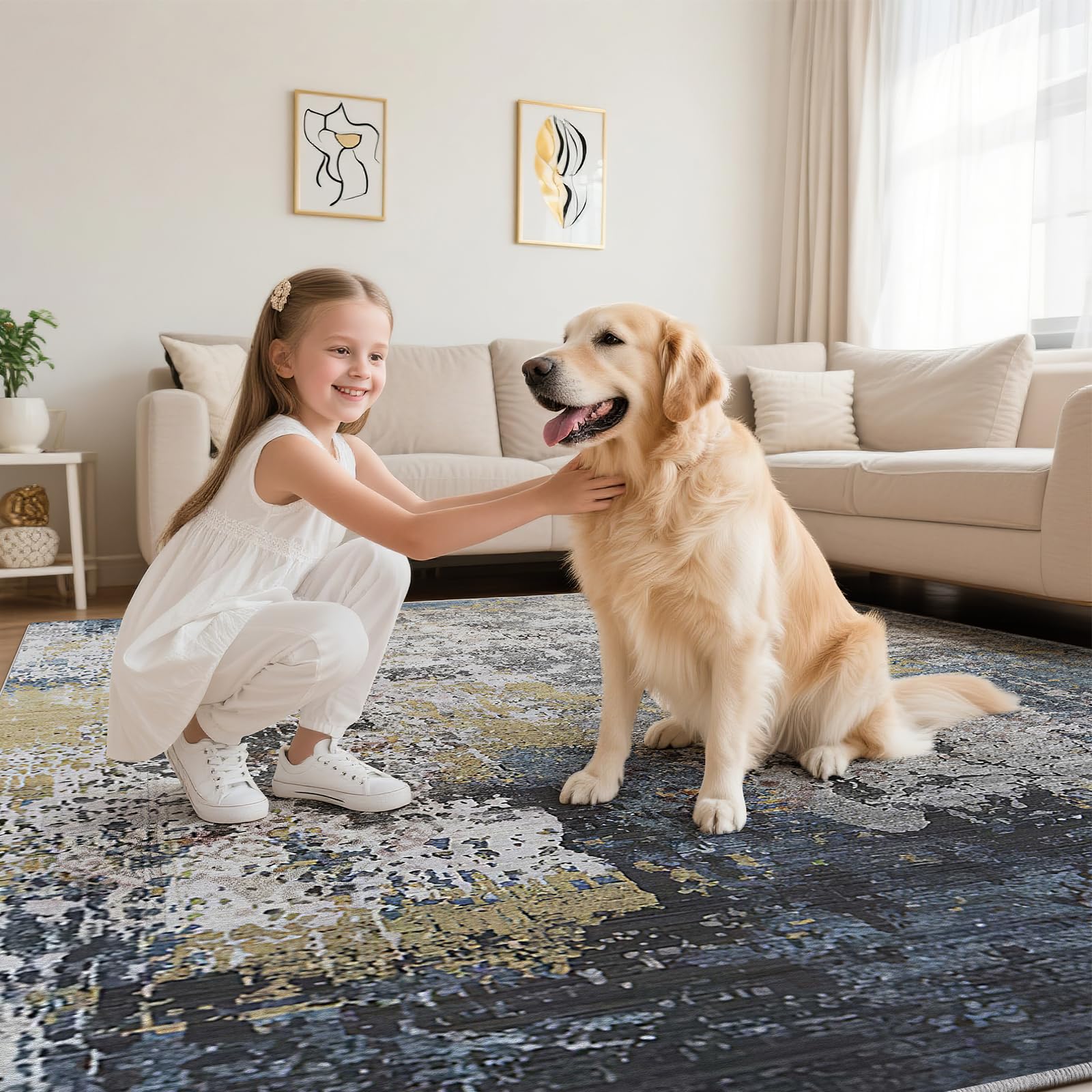 SOANNY Alfombra 160x230 cm, Moderno Abstracto, Super Suave, Lavable, Antideslizante, Azul Marino-Dorado