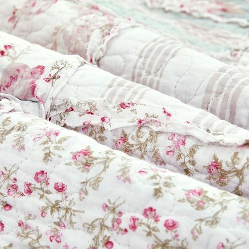 Miniatura 7 de DaDalogy - Manta de retazos de algodón, diseño floral, reversible, con un toque de menta, delicada, shabby chic, floreciente botánica, con volantes,