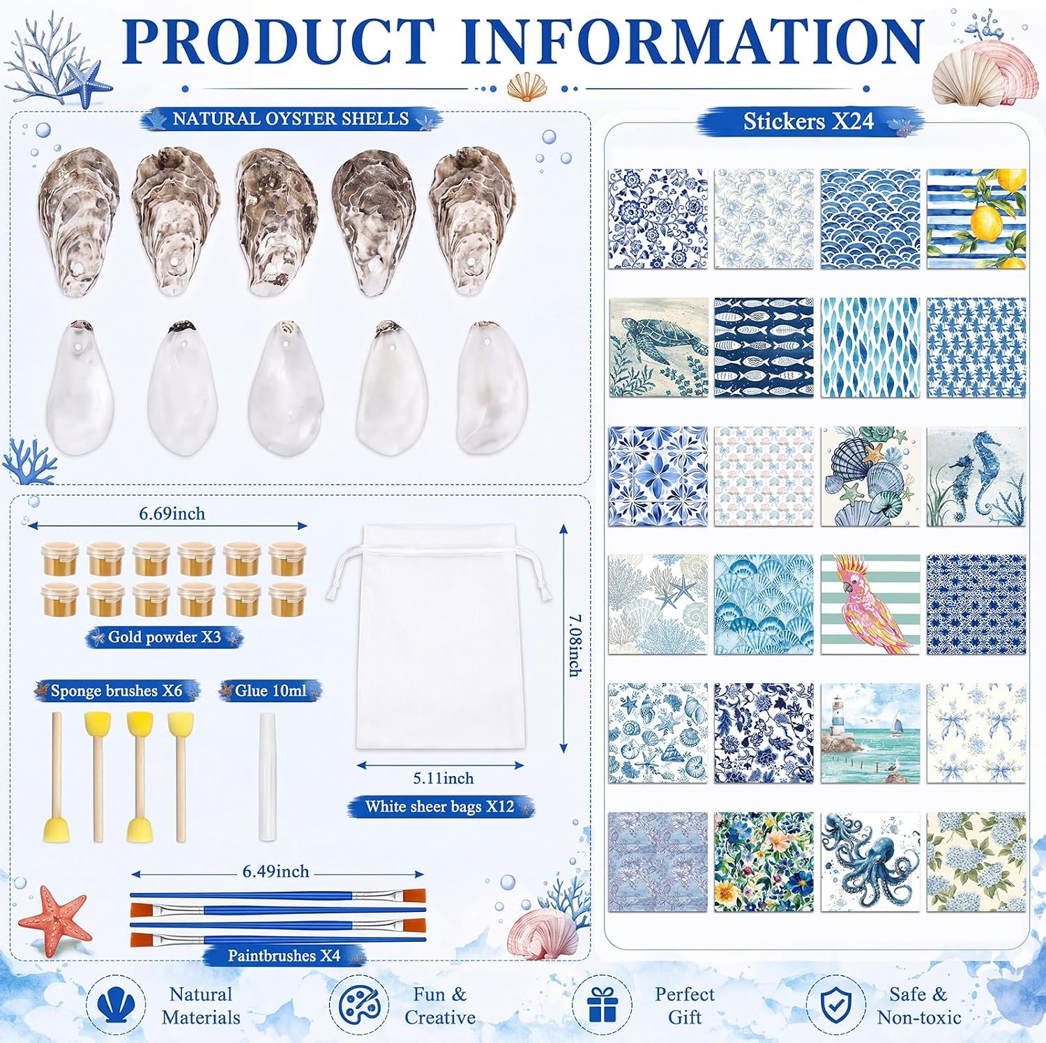 Blueweenly 12 Set Sea Oyster Shells Decoupage Kit with Coastal Napkins