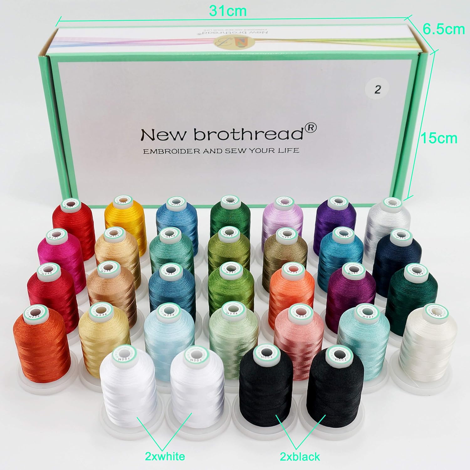 New brothread 32 Spools Polyester Embroidery Machine Thread Kit 1000M (1100Y) Each Spool - Colors Compatible with Janome and Robison-Anton Colors - Assortment 2
