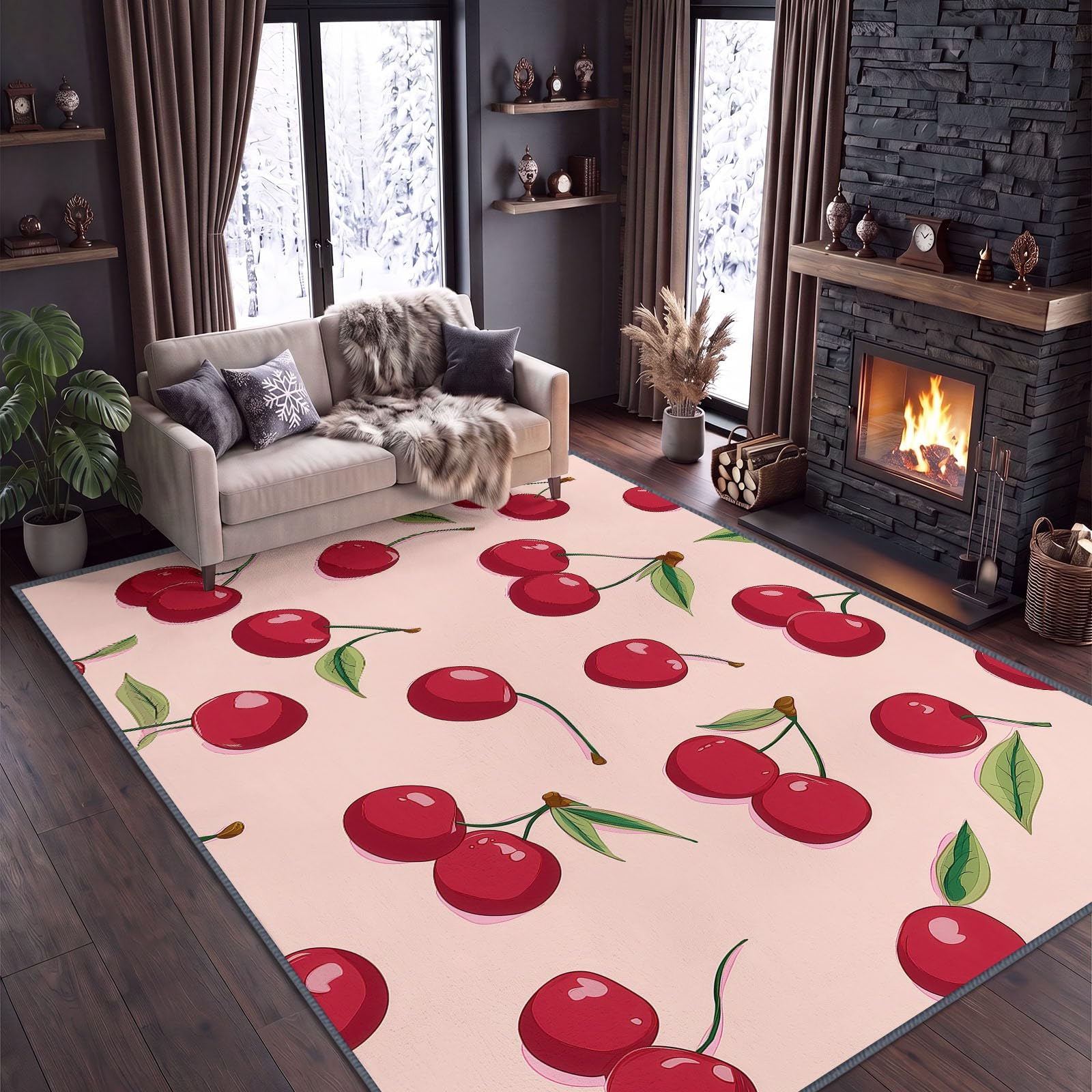 Générique 160 x 230 cm Tapis Décoratif en Flanelle Confort Minimalisme Plantes Cerises Feuilles Vertes Rose Tapis Doux Hypoallergénique pour Salon et Chambre – Design Moderne, Entretien Facile