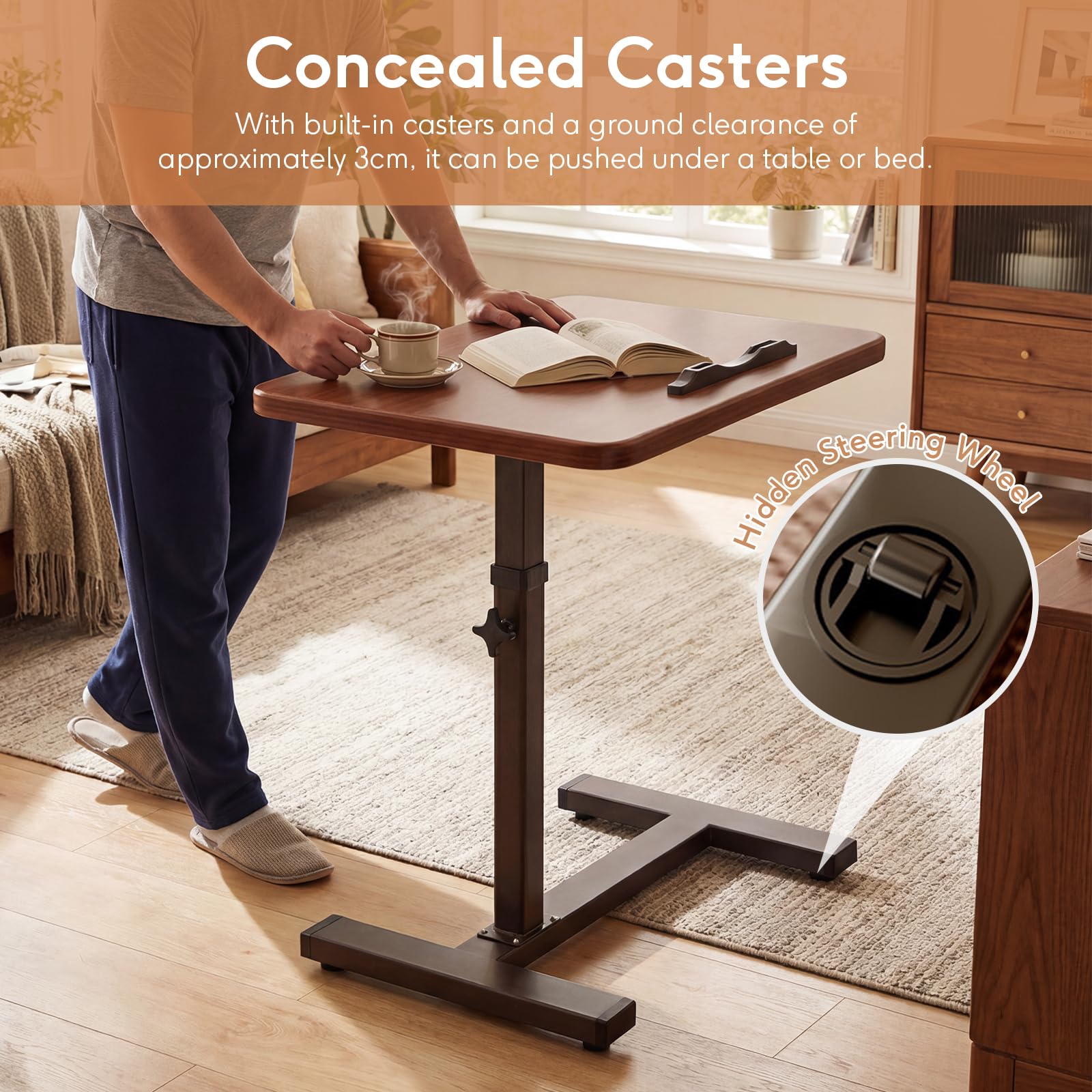 Mesa auxiliar con ruedas ocultas, escritorio de pie, altura regulable de 63 a 103 cm, mesa de cama móvil de madera, mesa de sofá, mesita de noche, mesa de aseo para dormitorio, salón