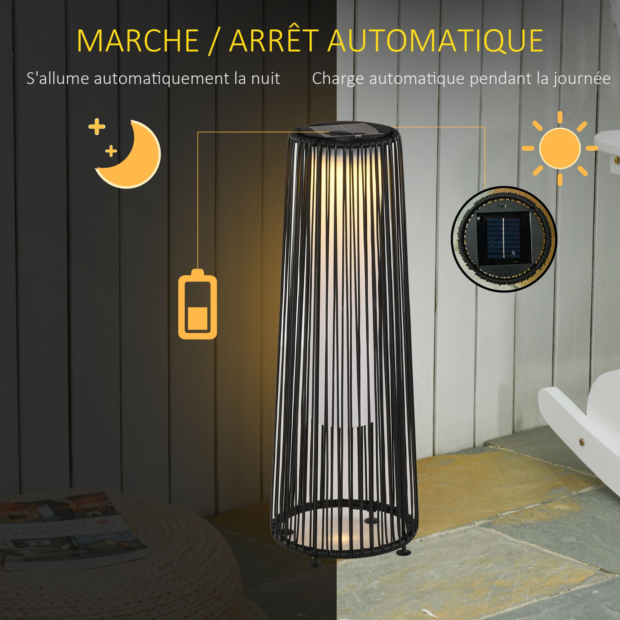 Outsunny Lampadaire LED Jardin Colonial Ø 21,5 x 61H cm Résine Tressée Noire