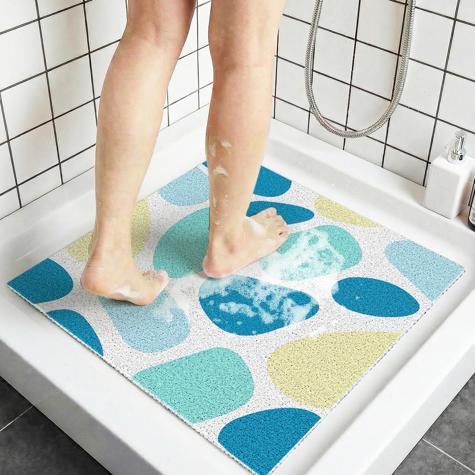 Tappetino Antiscivolo Doccia Quadrato 60x60 cm in PVC Luffa per Doccia, Tappeto Bagno Antiscivolo per Bagno con Fori di Drenaggio, Tappeto Vasca per Vasca da Bagno, Antimuffa, Pietra blu