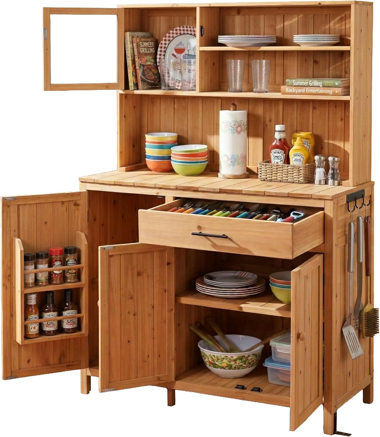 Outdoor Potting Bench with Large Countertop and Hutch, Wood Garden Workstation with Adjustable Shelves, Spice Rack, Side Hook and Drawer (Natural)