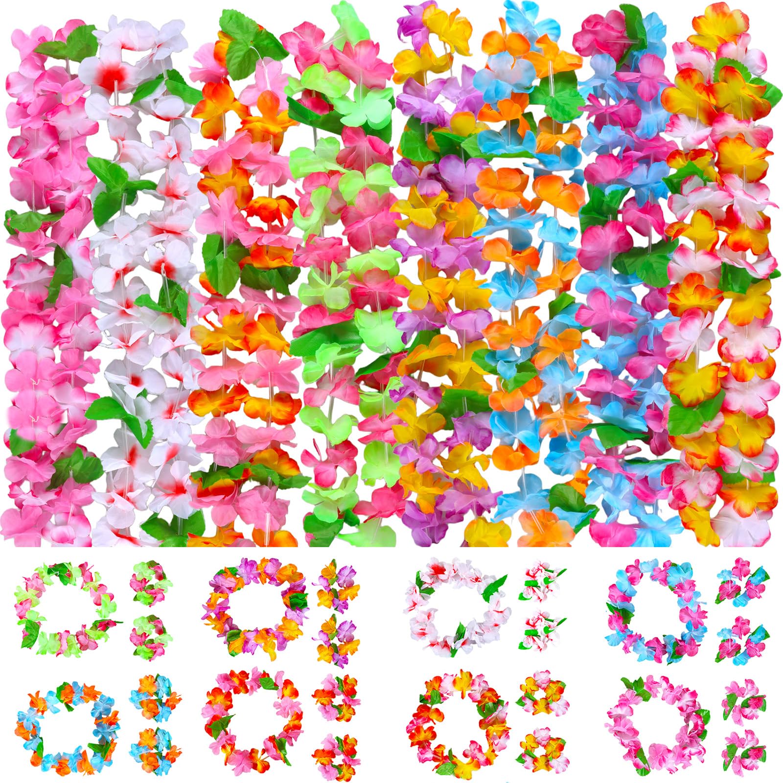 Hawaiian Leis Set 64 Pieces,Hawaiian Garland Flower Necklace Flowers Bracelets Headband,Tropical Hawaii Luau Beach Party Fancy Dress Decorations â image 1