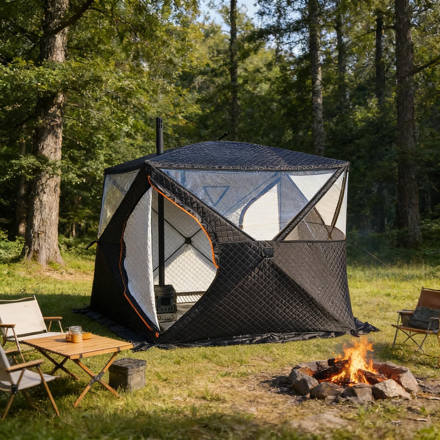 New Ice Fishing Shelter with Insulated Waterproof Tent Floor + Ice fishing Mat, 3–4 Person Ice Fishing Tent, Stove Jack Opening, 210D Oxford Fabric, Ice House for Winter Fishing, Outdoor Camping